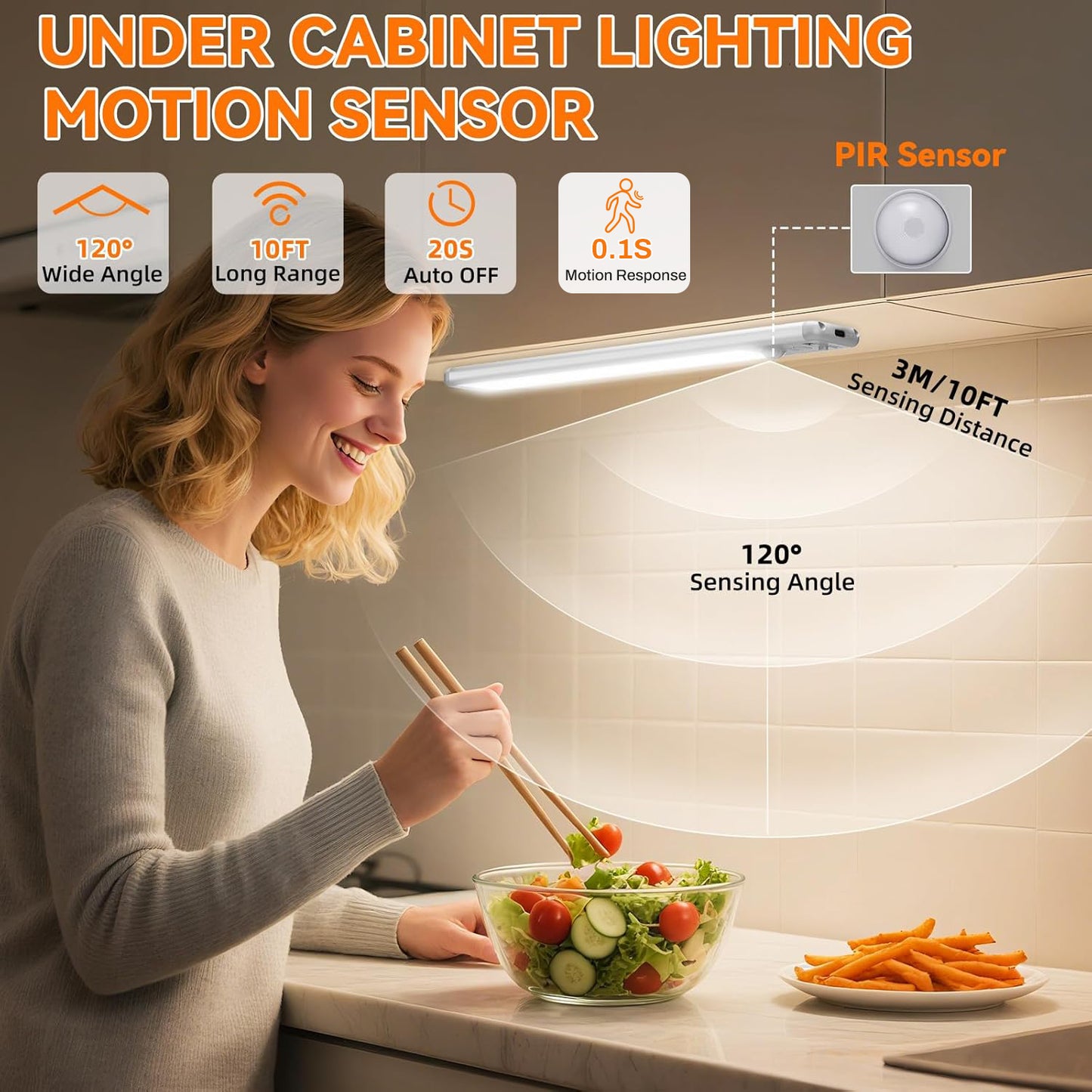 Behome 2 Pack Under Cabinet Lighting, 9.5’’ Rechargeable Motion Sensor Light Indoor with 3 Colors and Stepless Brightness, Magnetic Closet Lights Wireless for Kitchen, Stairs, Hallway