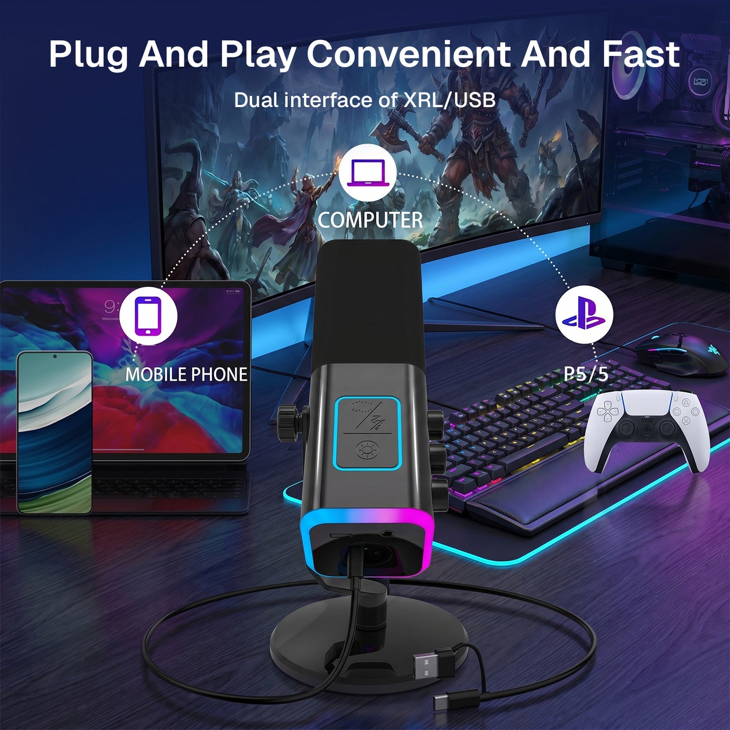 Behome 360° XLR USB Microphone, Podcast Microphone with RGB Light, Noise Cancellation, Volume Adjustment, Mute Button, Earphone Jack, Gaming Microphone,Balck