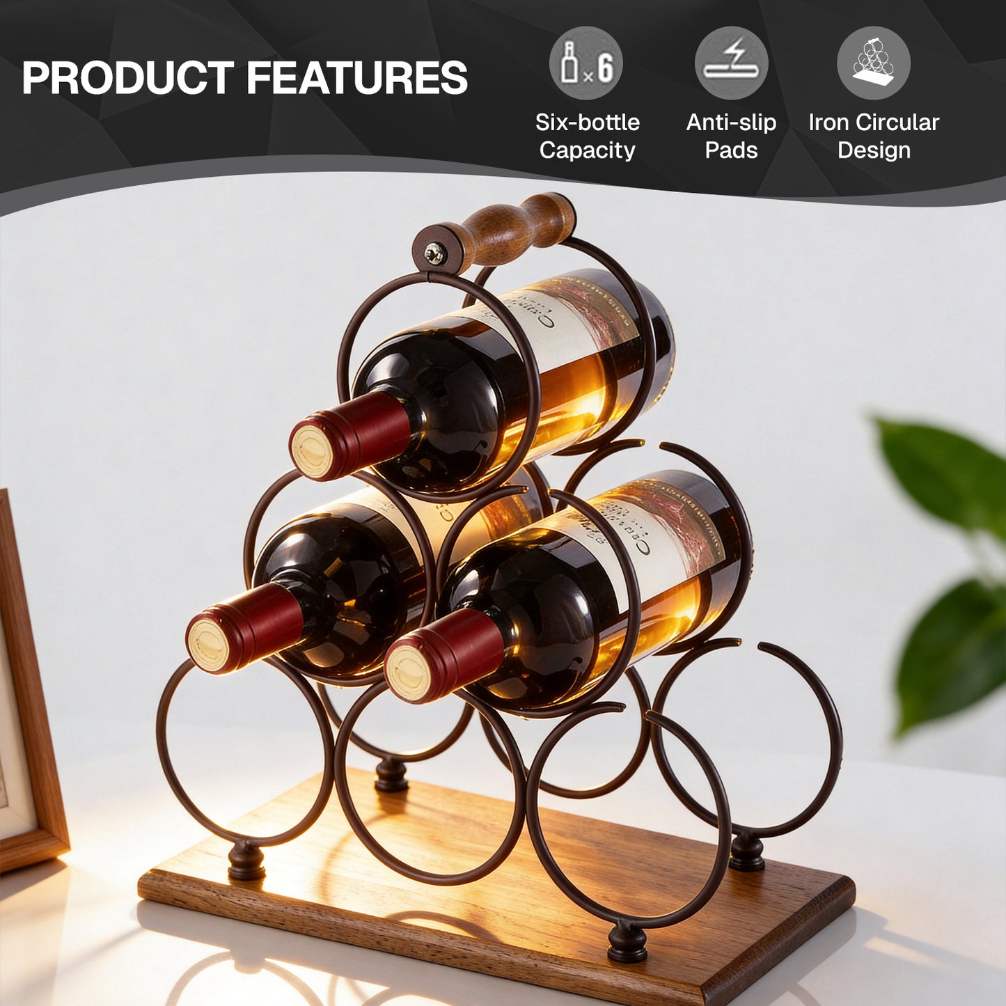 Behome Countertop Wine Rack, 6 Bottles Tabletop Wine Bottle Holder, Wood Handle & Base, for Home Decor, Bar, Wine Cellar, Cabinet, Pantry, etc