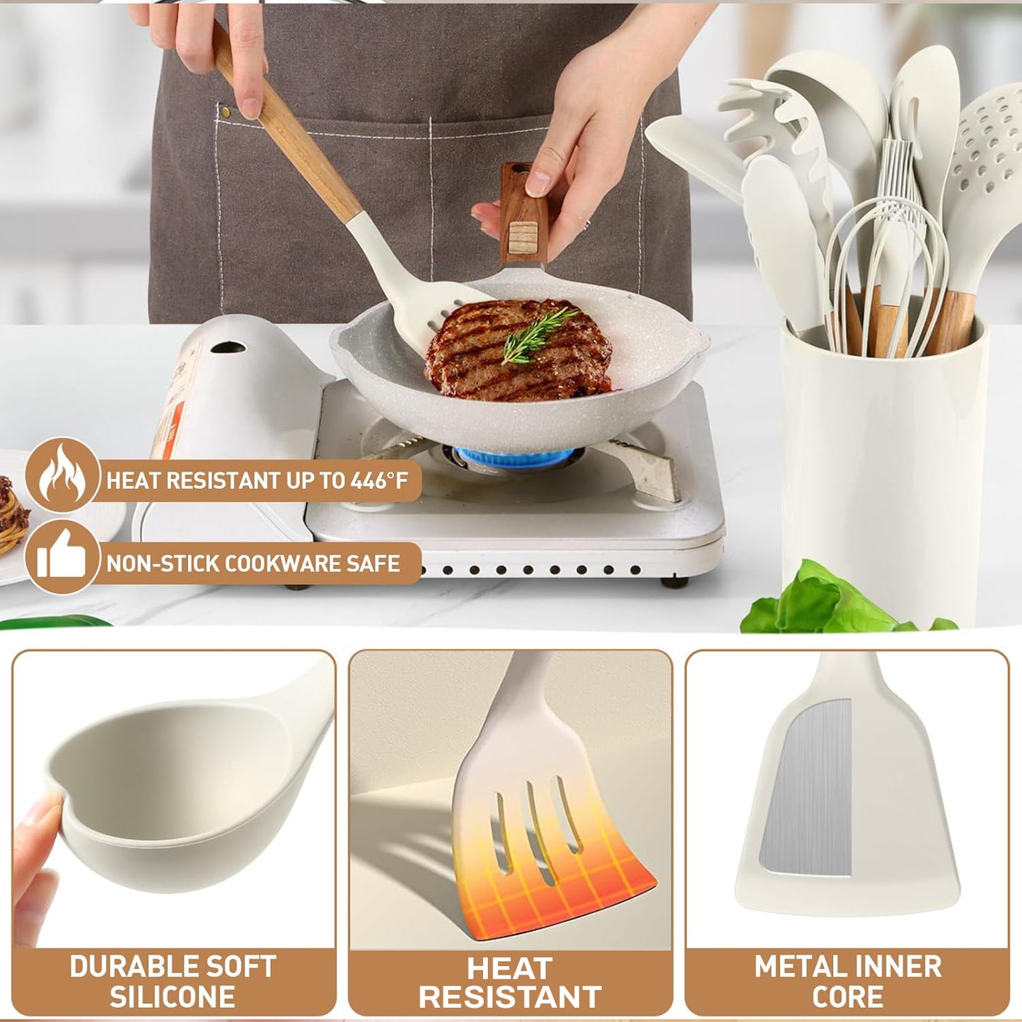 Behome Cooking Utensils Set, 12 packs Non-Stick Silicone Cooking Kitchen Utensils Spatula Set with Wooden Handles and Holder, Heat Resistant Food Grade Kitchen Utensils, White
