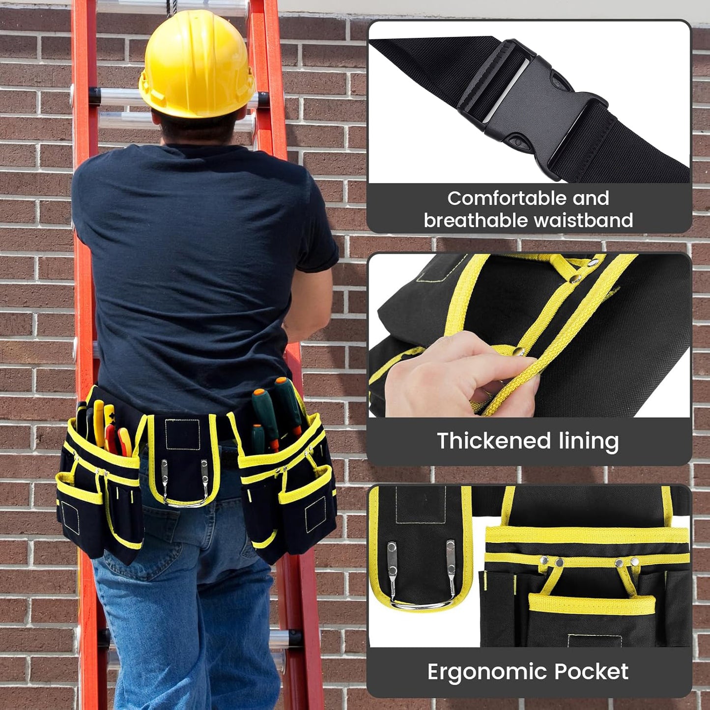 Behome Tool Belt, 26 Pockets Heavy Duty Tool Pouch, Detachable Adjustable Utility Belt Work Bags for Electrician, Carpenter, Black and Yellow