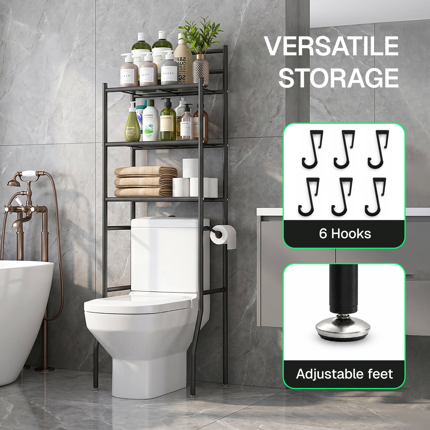 Behome 3-Tier Over The Toilet Storage Shelf, Bathroom Organizer Shelf Over Toilet with 6 Hooks, Freestanding Space Saver Bathroom Storage Shelves