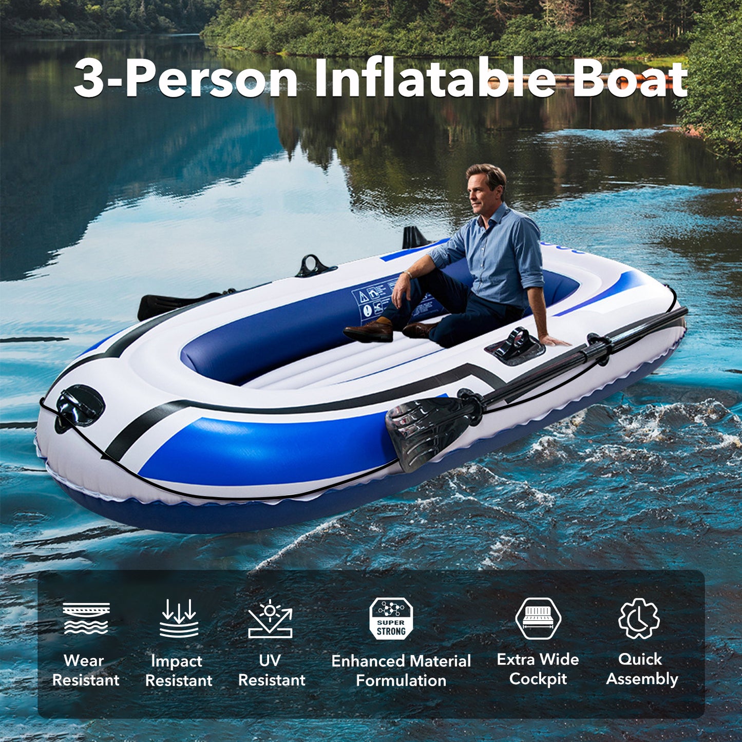BN-LINK 3-Person Inflatable Boat Series with Seats, Inflatable Raft with a Pair of Deluxe Oars, High-Output Pump, Detachable Fishing Rod Holders, Fishing Boat for Ponds, Lakes, Rivers
