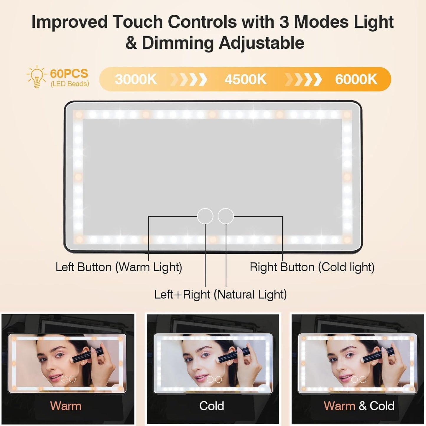Behome Makeup Mirror, Rechargeable Car Visor Vanity Mirror with Light, Portable Led Makeup Mirror for Car Truck Suv