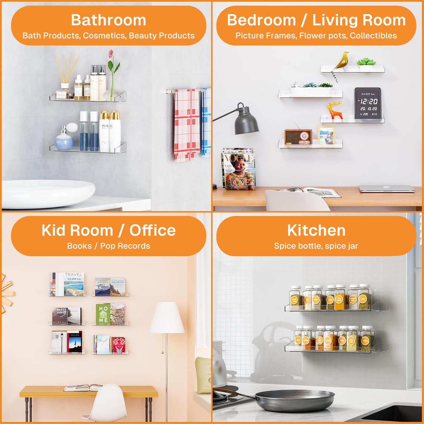 Behome 4 Pack Acrylic Floating Shelves, 15" Wall Mounted Acrylic Shelves, Wall Mounted Storage Shelf for Office, Bedroom & Living Room