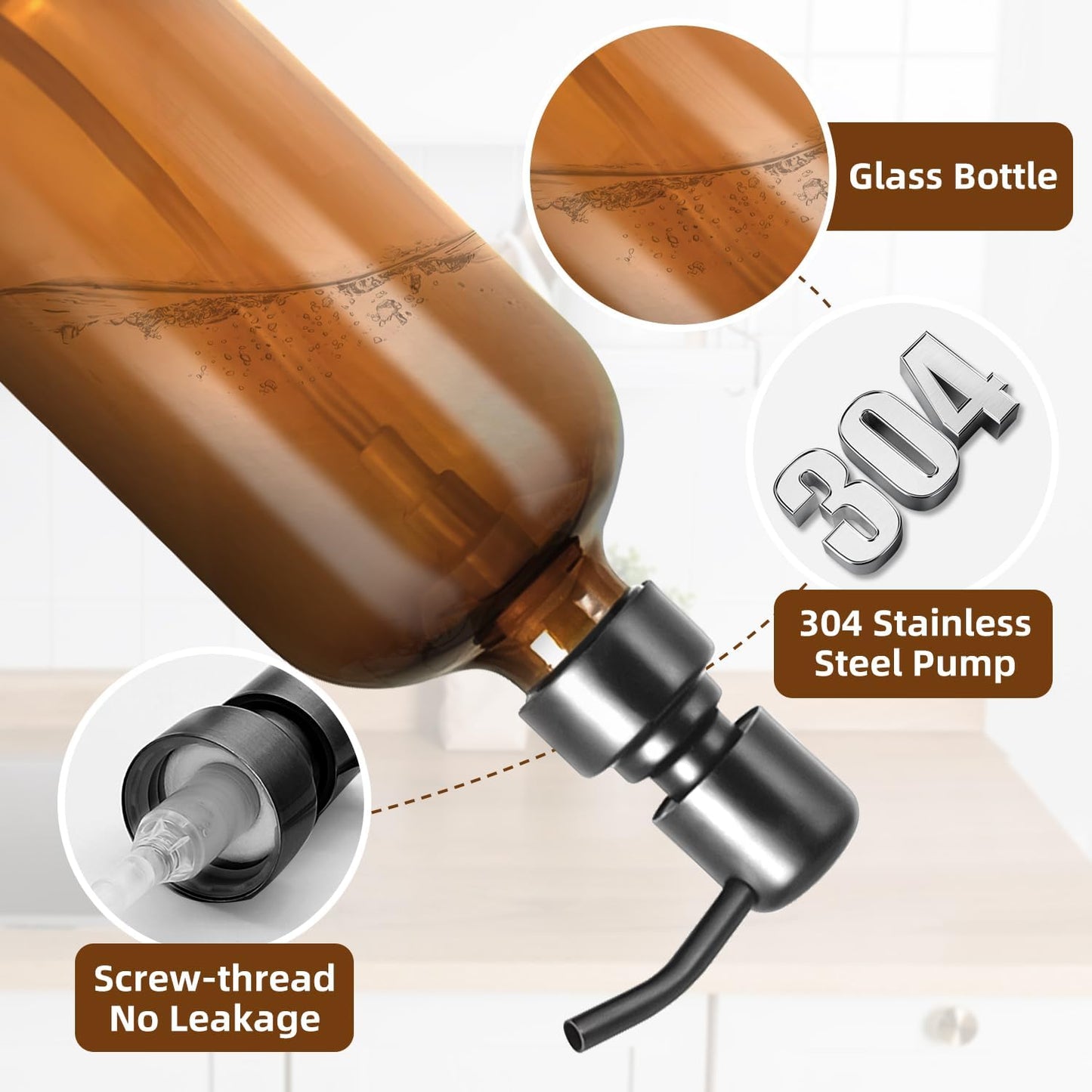 Behome 2 Pack Glass Soap Dispenser with Labels, 17 Oz Amber Hand Soap Dispensers with Stainless Steel Pump, for Essential Oil, Lotion