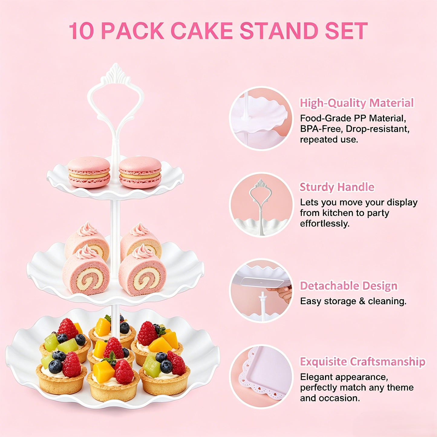 Behome 10Pcs Cupcake Stand, Cake Stand with Handle, 3 Two-Tier Square Stands, 3 Three-Tier Round Stands and 4 Serving Trays, Plastic Dessert Table Stand Set for Birthday, Tea Party, Wedding, Baby Showers