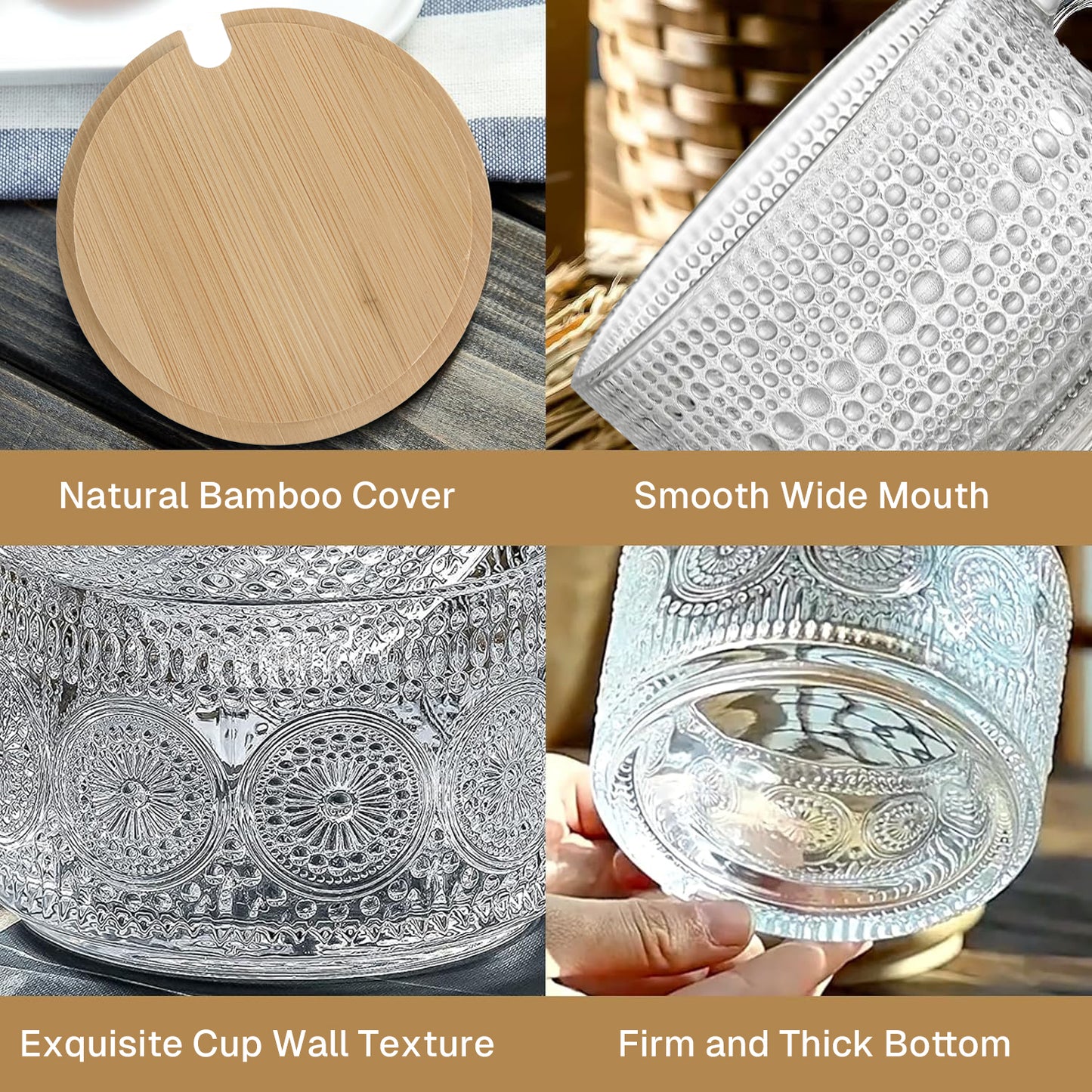 Behome 4pcs Set Glass Coffee Mugs, 14 Oz Coffee Cups with Bamboo Lids and Spoons, Clear Embossed Vintage Glass Cups for Cappuccino, Latte, Cereal, Yogurt