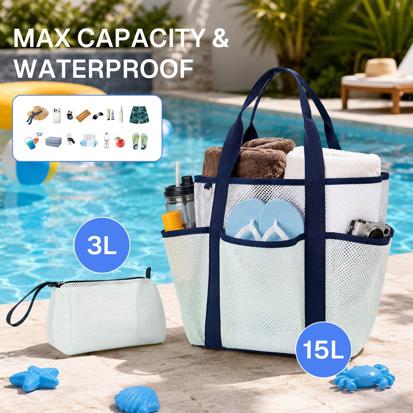 BN-LINK Beach Bag,Breathable Mesh Beach Tote Bag, Foldable Large Swim Pool Bag with 8 Pockets for Swimming,Travel, Vacation Essentials,Green