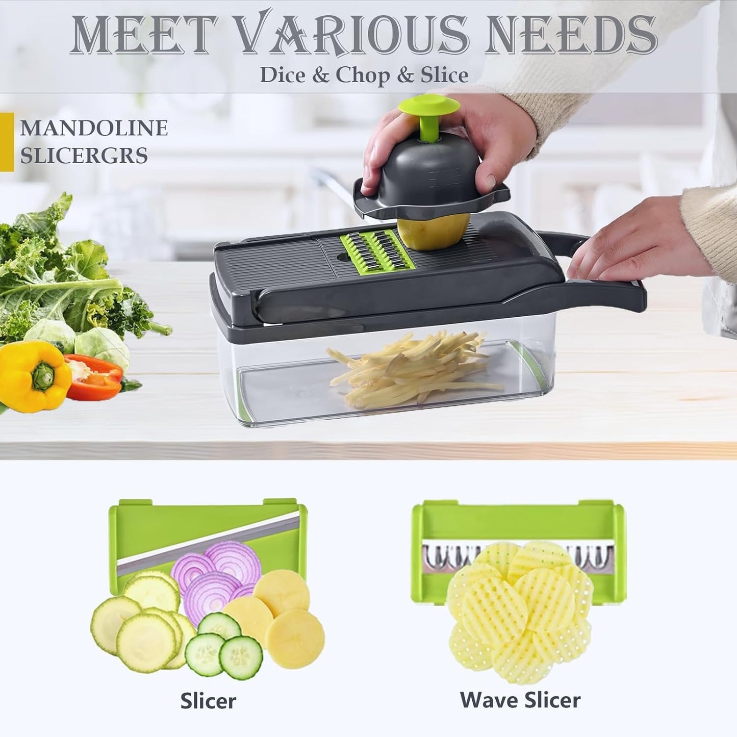 Behome Mandoline Slicer, 15-in-1 Multi-Functional Kitchen Gadget Set, Veggie Chopper, Food Chopper with Container, Vegetable Cutter & Spiralizer for Onion Salad, Gray