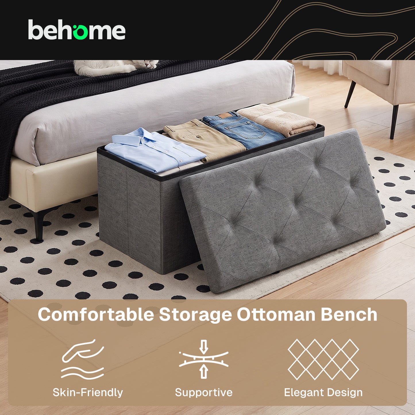 Behome Ottoman with Storage, Foldable storage ottoman bench, 30 Inch End of Bed Bench with Flipping Lid for Bedroom, Living Room,Gray