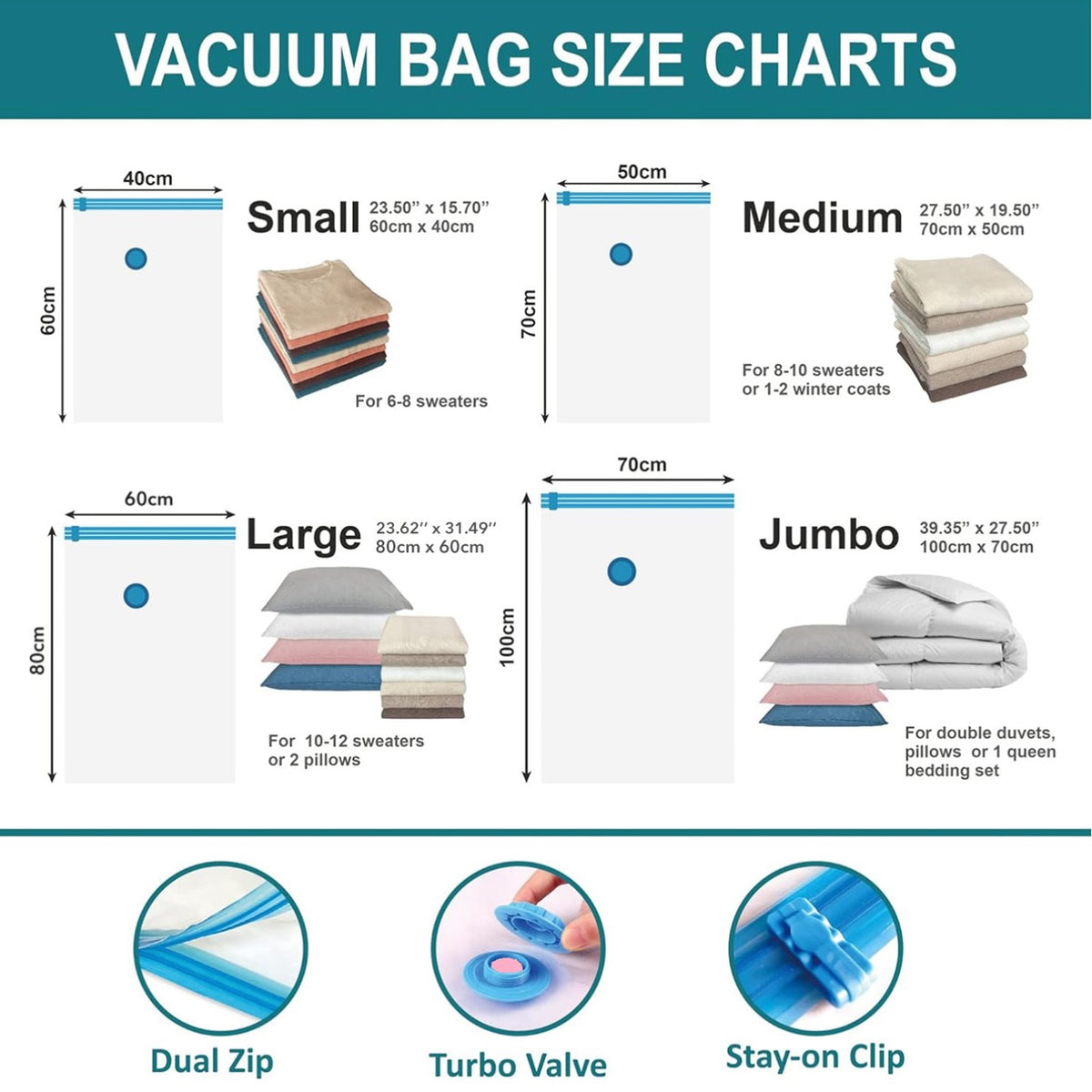 BN-LINK Vacuum Storage Bags with Double-Zip Seal, 20 Pack Combo (4 Jumbo/4 Large/4 Medium/8 Small) Space Saver Bags for Clothes, Mattress, Blanket, Duvets, Pillows, Comforters, Travel