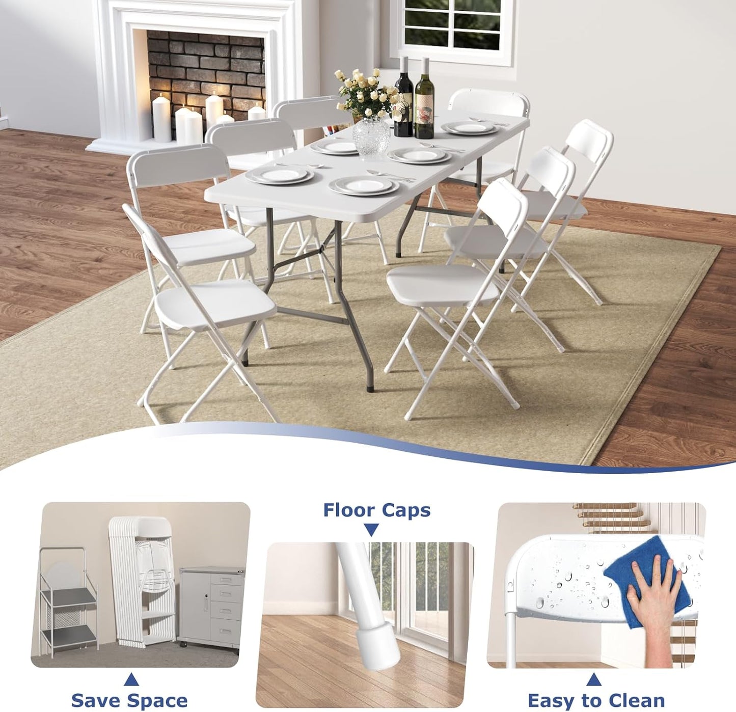 Behome 4 Pack Folding Chairs,Portable Foldable Chair with Steel Frame,Stackable Indoor Outdoor Seat for Home, Office, Party,Backyard,Patio,397lbs Capacity,White