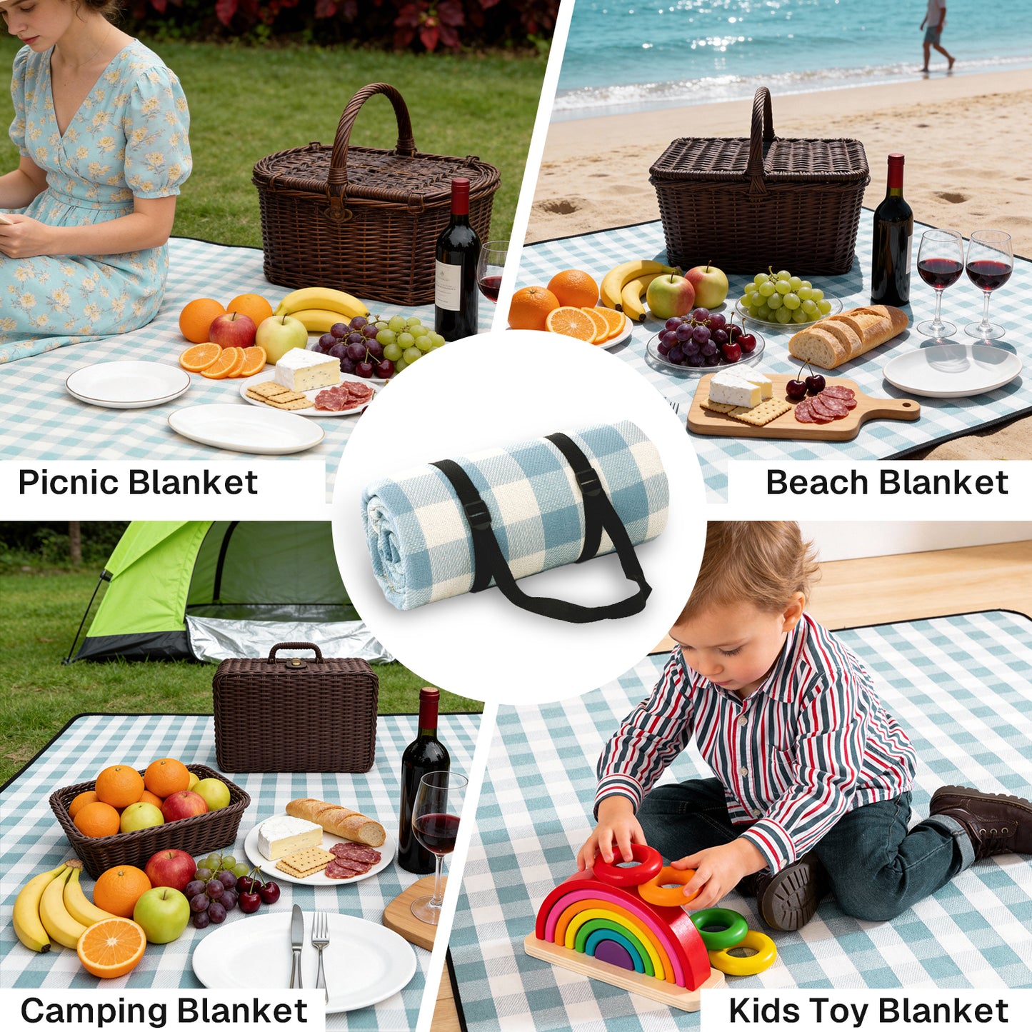 BN-LINK Extra Large Picnic Blanket with Carry Strap, 78'' x 78'' Waterproof Sandproof Foldable Compact Beach Blanket, Outdoor Mat for Camping, Park, Beach, Grass