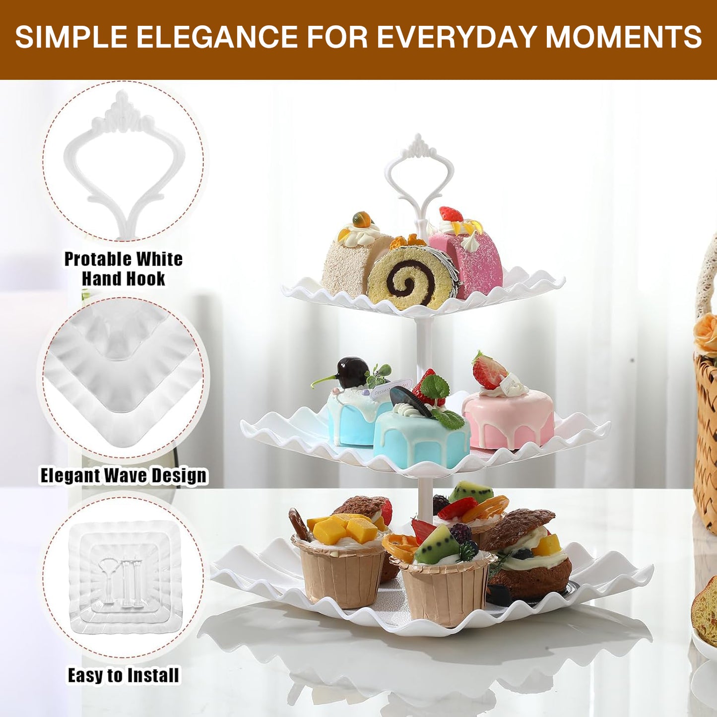Behome 5 Pack Cupcake Stand, 2 Three-Tier Cup Cake Holder Tower and 3 Serving Trays Cake Stand Set, Square Dessert Holder for Birthday, Tea Party, Wedding, Baby Showers,White