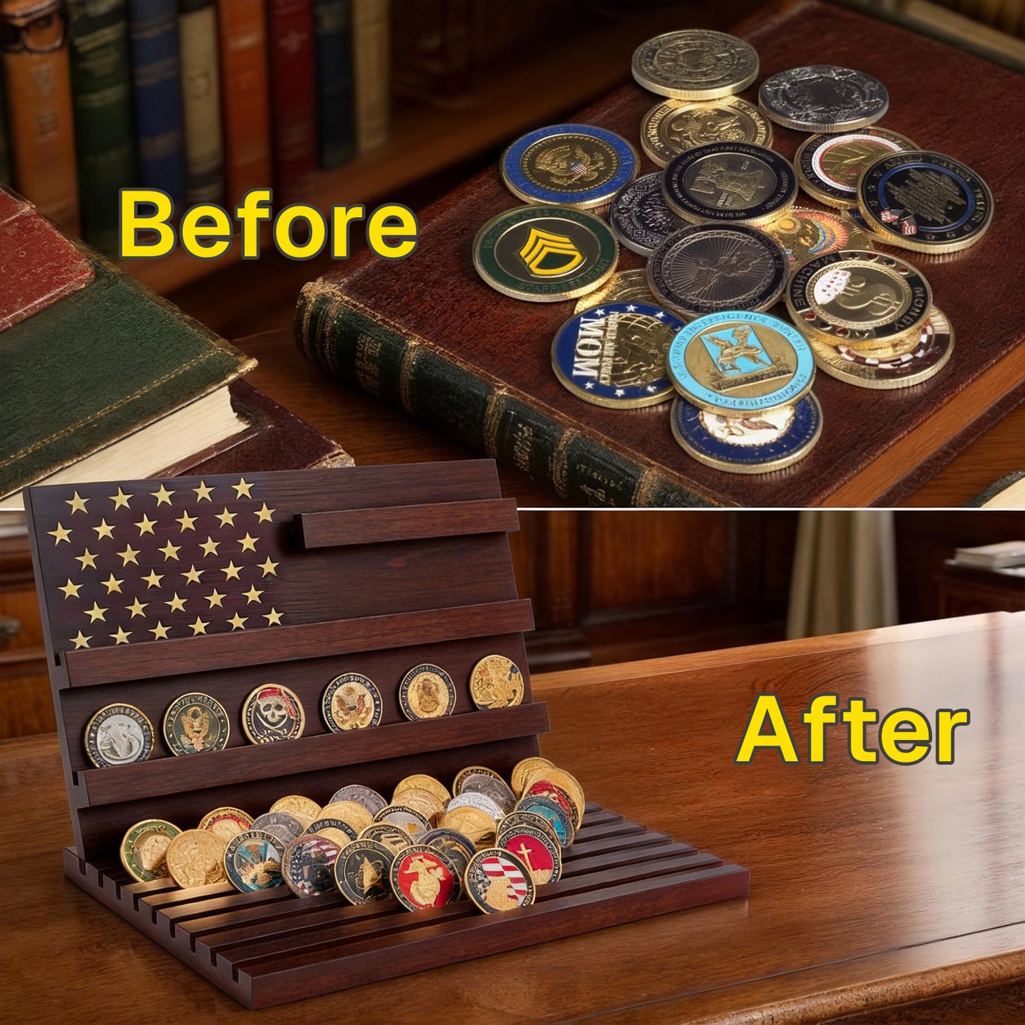 Behome Challenge Coin Display, 12-Row Solid Wood Coin Holder with Sloped Base, Holds 72-100 Coins, Coin Holders for Collectors, Coins Not Included, Brown