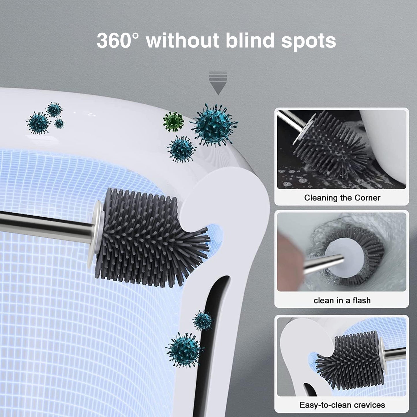 Behome Toilet Bowl Brush and Holder, Silicone Toilet Cleaner Brush with Quick Drying Holder, Deep Cleaning & Drip-Proof, Toilet Brushes for Bathroom