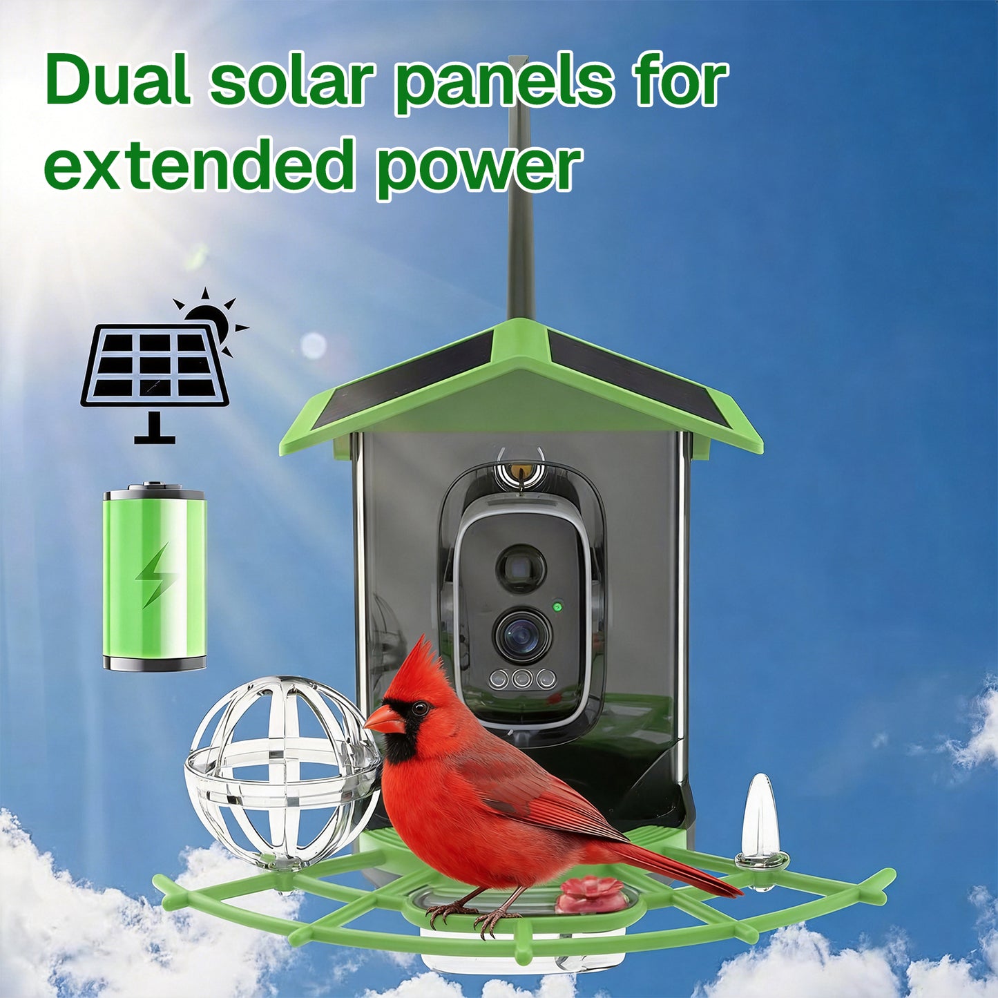 BN-LINK Bird Feeder with Camera,Smart Bird Feeder, 2K HD AI Identify Birds Species, Outdoor Bird Feeder with 3W Solar Panel, 1.5L Capacity,Green