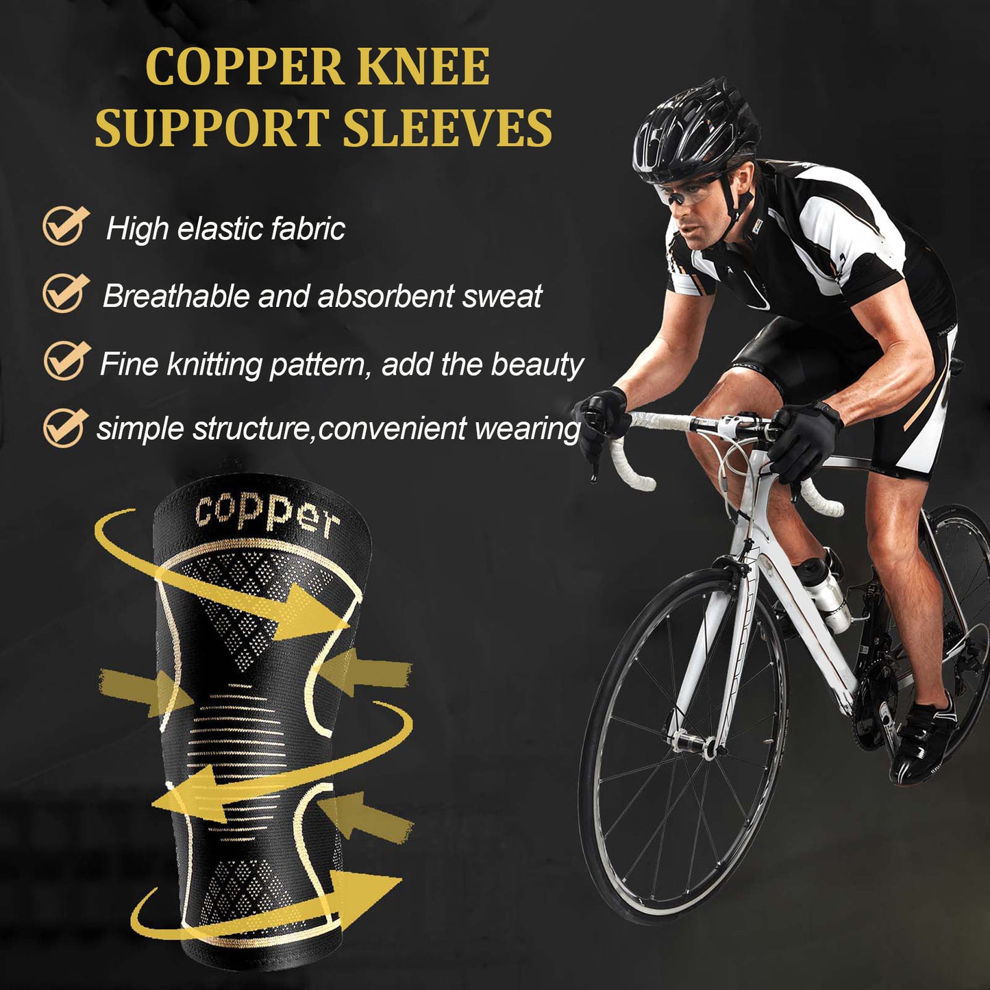Behome Knee Brace, 2 Pack Copper Knee Braces for Men and Women, Knee Support Compression Sleeeve for Pain Relief