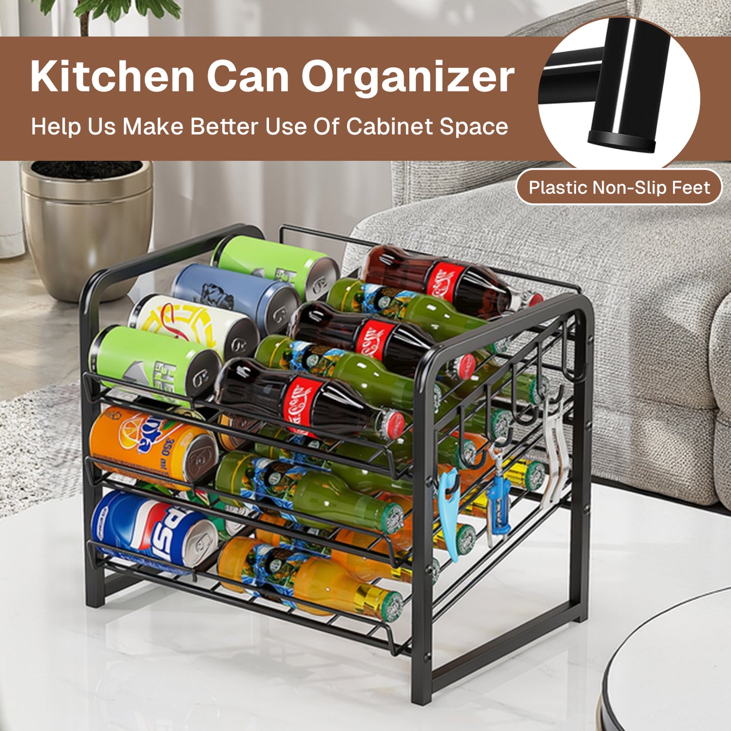 Behome 3 Tier Can Organizer for Pantry, Can Rack Organizer with Adjustable Dividers, Sturdy Can Storage Holder for Canned Food Soda Drinks, Black