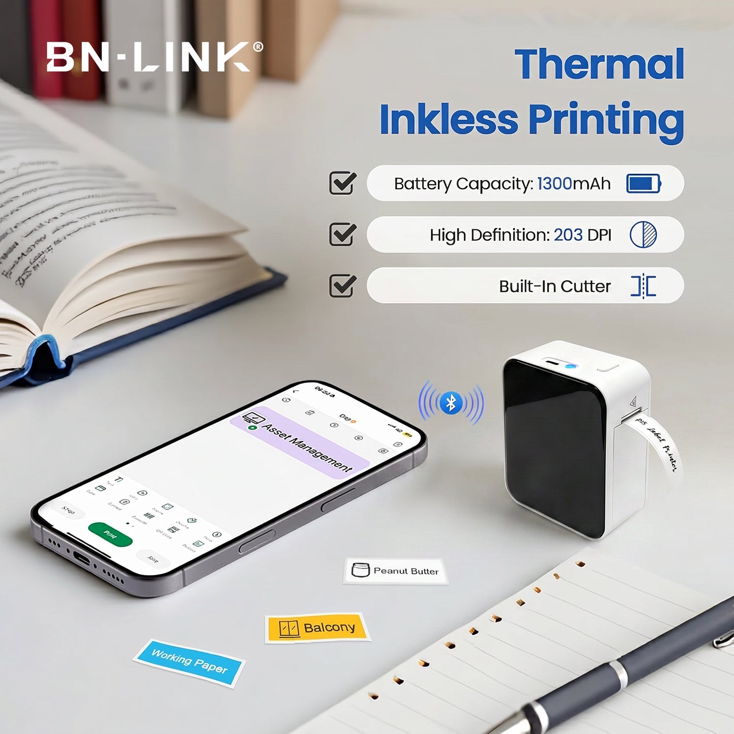 BN-LINK Label Maker Machine with Tape, Portable Thermal Label Printer with Multiple Templates, Wireless Bluetooth Label Maker for Home, Kitchen, School, Office