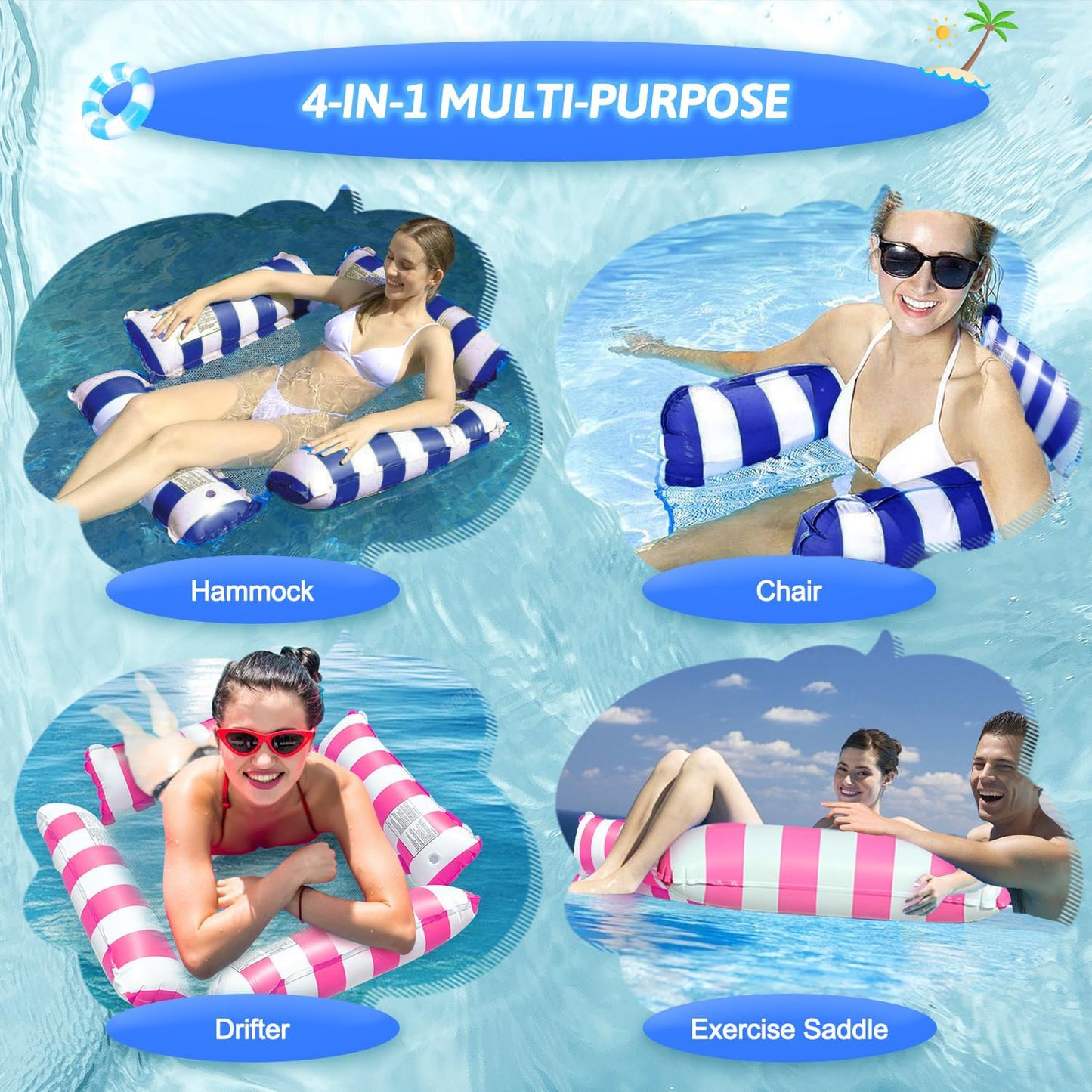 BN-LINK 4-in-1 Inflatable Pool Floats Adult, 2 Pack Multi-Purpose Water Hammock, Floating Lounger for Swimming Pool Lake Beach, Adults Vacation Fun and Rest(Dark Blue+Red)