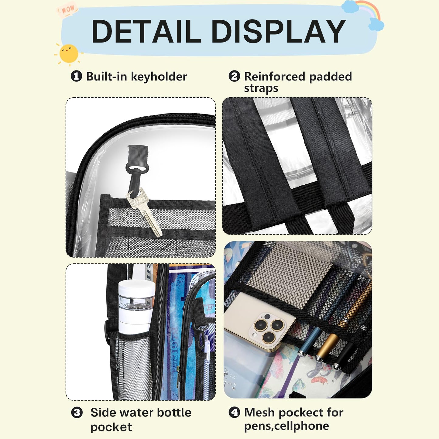 Behome Clear Backpack Heavy Duty PVC, Large Capacity Transparent Backpack with Reinforced Shoulder Straps, Waterproof Clear Bag for Stadium Events, School, Concerts, Festivals