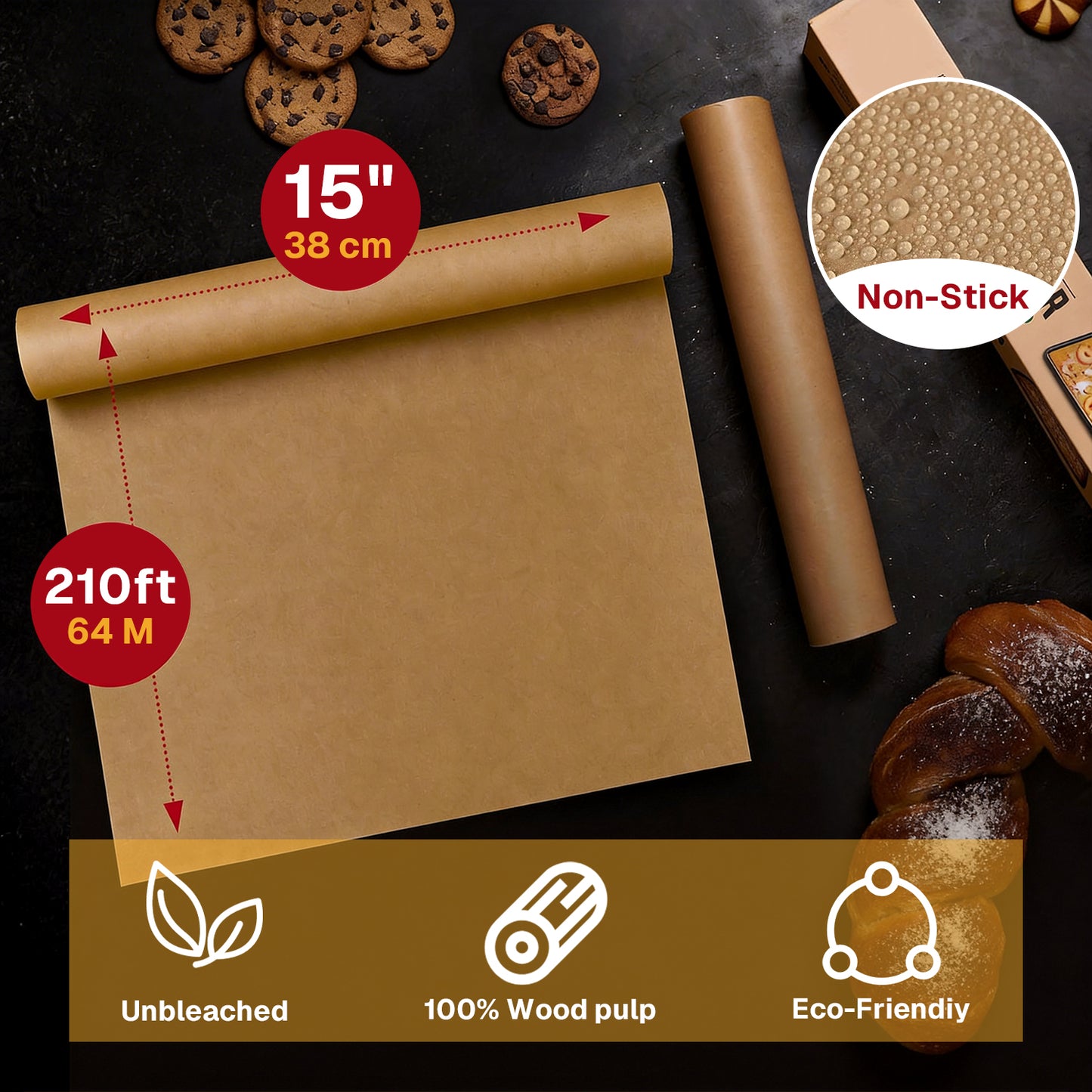 Behome Unbleached Parchment Paper Roll, 15in x 210ft Non Stick Parchment Paper with Serrated Cutter, for Baking, Cooking, Grilling, Steaming and Air Fryer, 260 Sq.ft