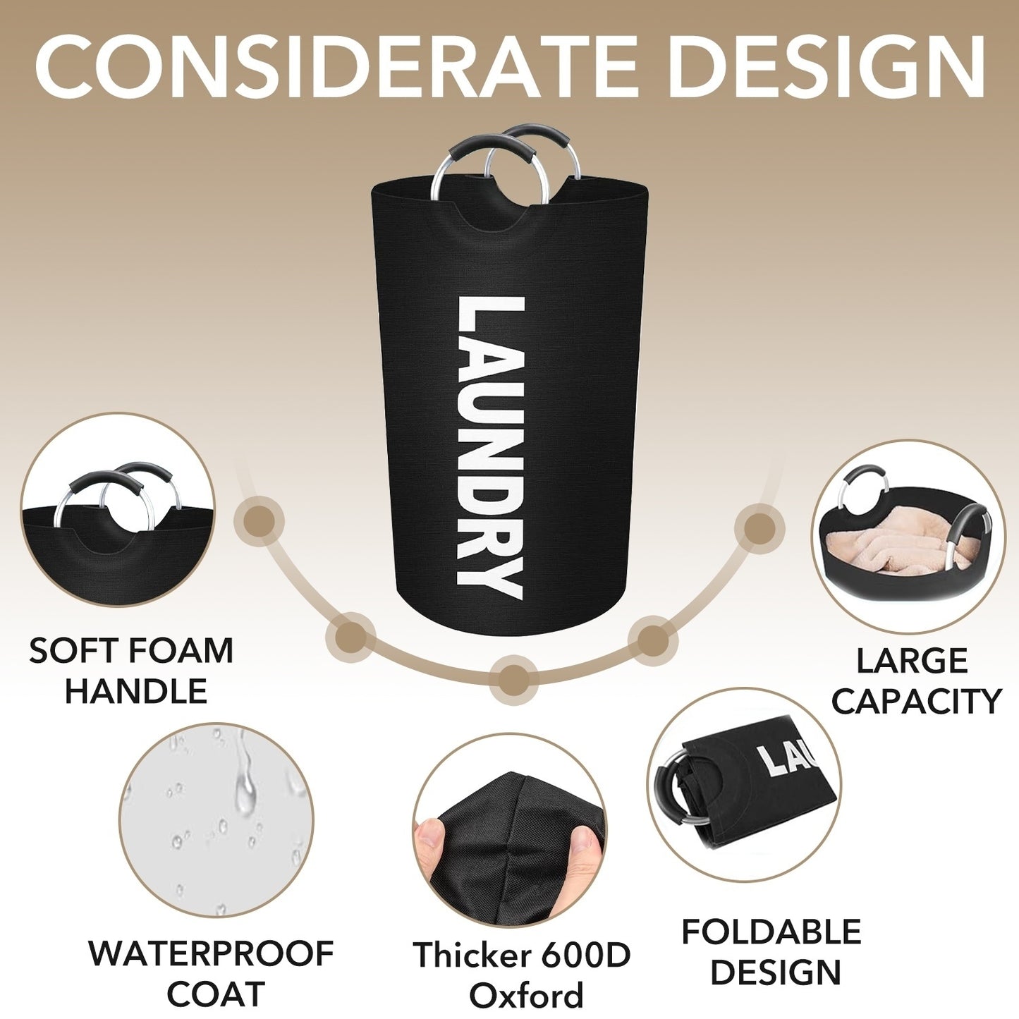 Behome 90L Laundry Basket, Laundry Bag with Padded Handles, Waterproof Collapsible Laundry Basket for Bathroom, Bedroom & Laundry Room, 2 Pack, Black