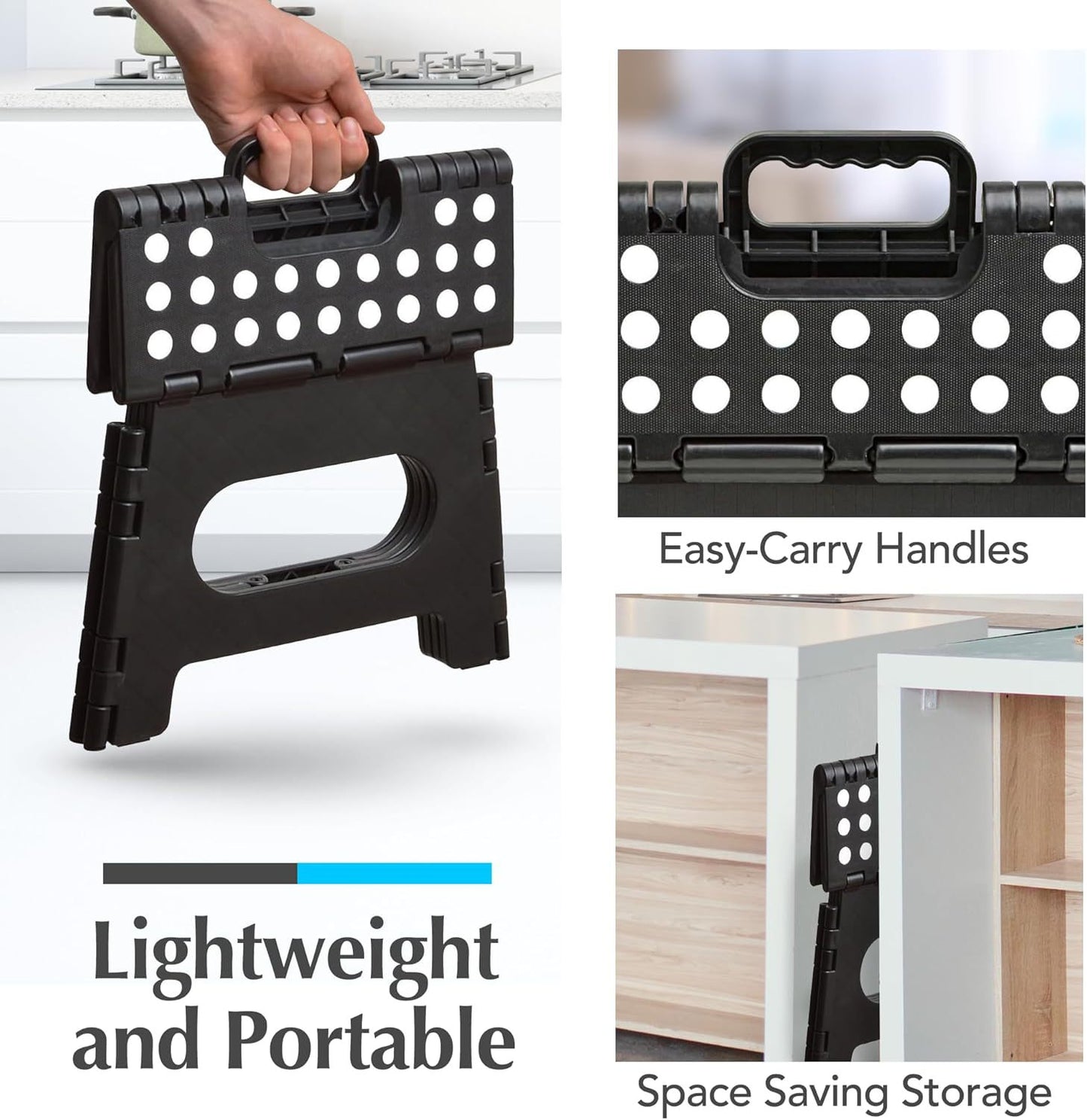 Behome Folding Step Stool, 9 Inch Non-Slip Foot Stool with Handle, Up to 300 LBS, Lightweight Foldable Step Stool for Kitchen, Bathroom, Bedroom, Outdoor, Black