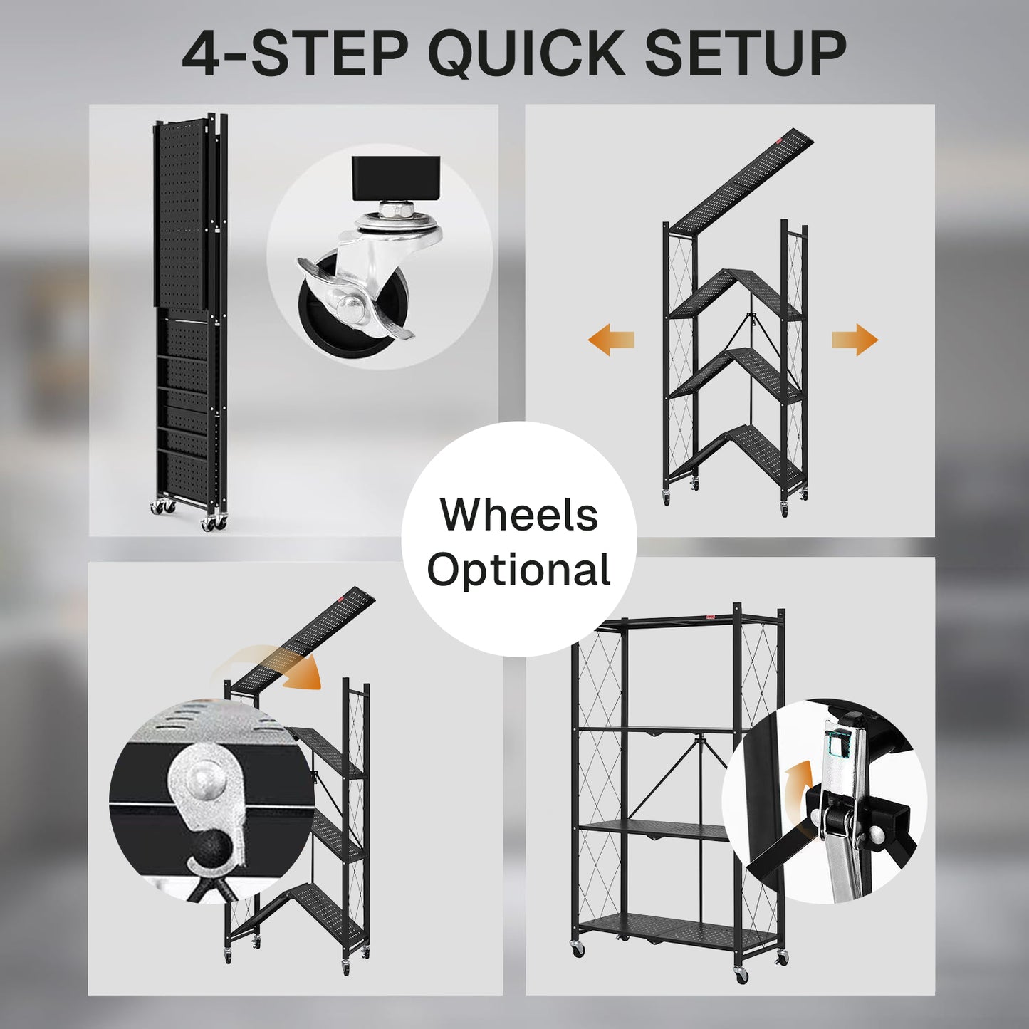 Behome 4 Tier Foldable Storage Shelves with Wheels, 28.1"x 13.4"x 50.2" Metal Shelving, No Assembly Storage Rack for Garage Kitchen, Basement, Pantry