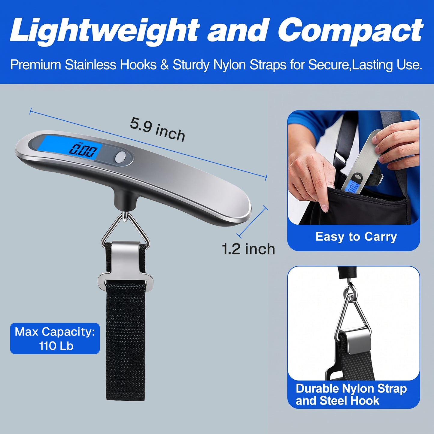 Behome Digital Luggage Scale, Hanging Baggage Scale with Temperature Sensor, Portable Travel Suitcase Weighing Scale with LCD Display, 110 Pounds, Battery Included