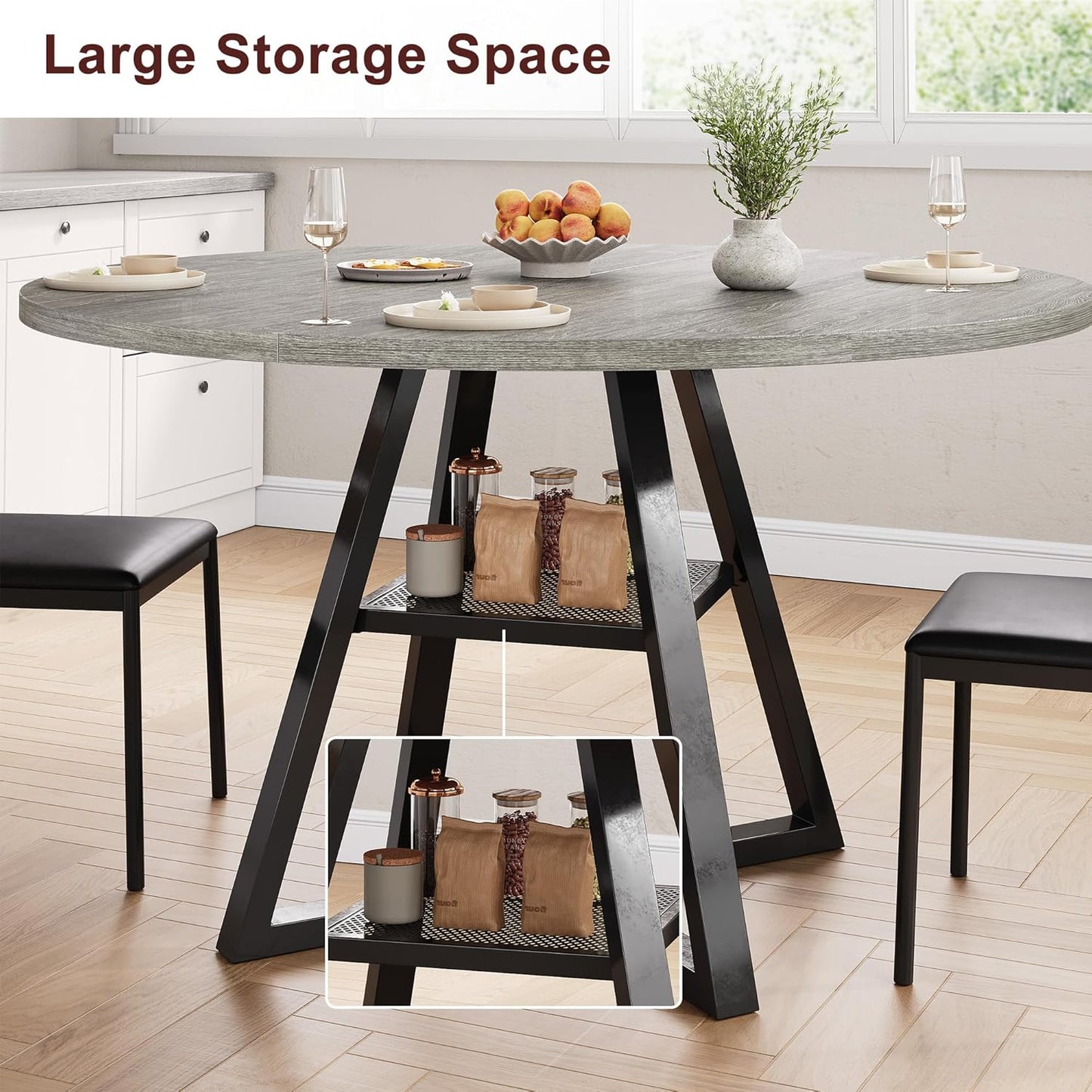 Behome 42” Round Dining Table for 4-6,Wooden Kitchen Table with Storage Shelf,Farmhouse Circle Kitchen Tables for Dining Room, Kitchen, Living Room