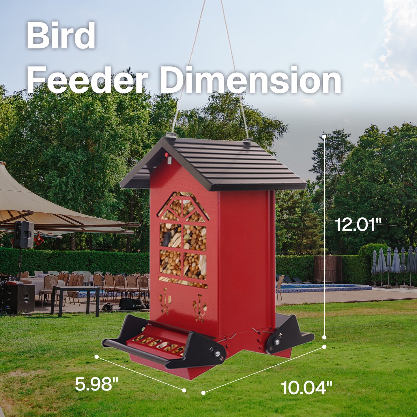 BN-LINK Bird Feeder Squirrel Proof,Hanging Bird Feeder with 2 Ports,Metal Wild Bird feeder for Outdoor Garden Yard Decor,Red