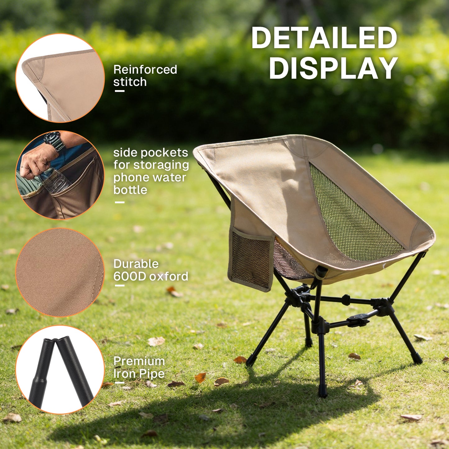 BN-LINK Folding Camping Chair, Portable Backpacking Chair with Carry Bag, Lightweight Hiking Chair for Outdoor Camp, Travel, Beach, Picnic, khaki