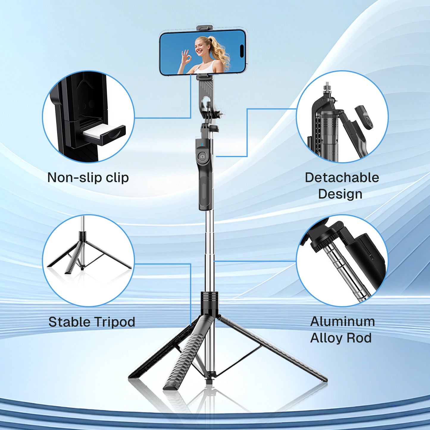 BN-LINK 75" Selfie Stick Tripod with Remote, 360°Rotating Extendable Cell Phone Stand with 1 Phone Holder Accessory, Phone Tripod Compatible with iPhone Android Phone, Camera