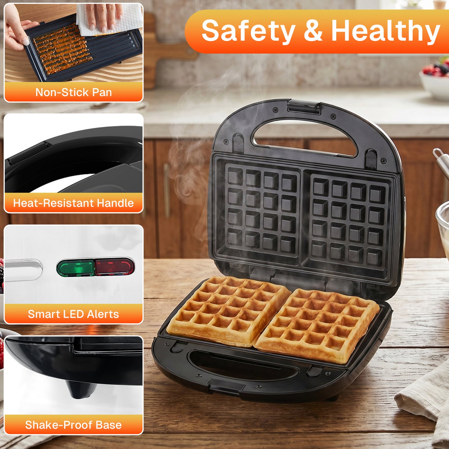 Behome 3 in 1 Waffle Maker with Nonstick Plates, Electric Sandwich Maker with Indicator Light, Sandwich Press Grill for Breakfast, Ham, Steaks, Black