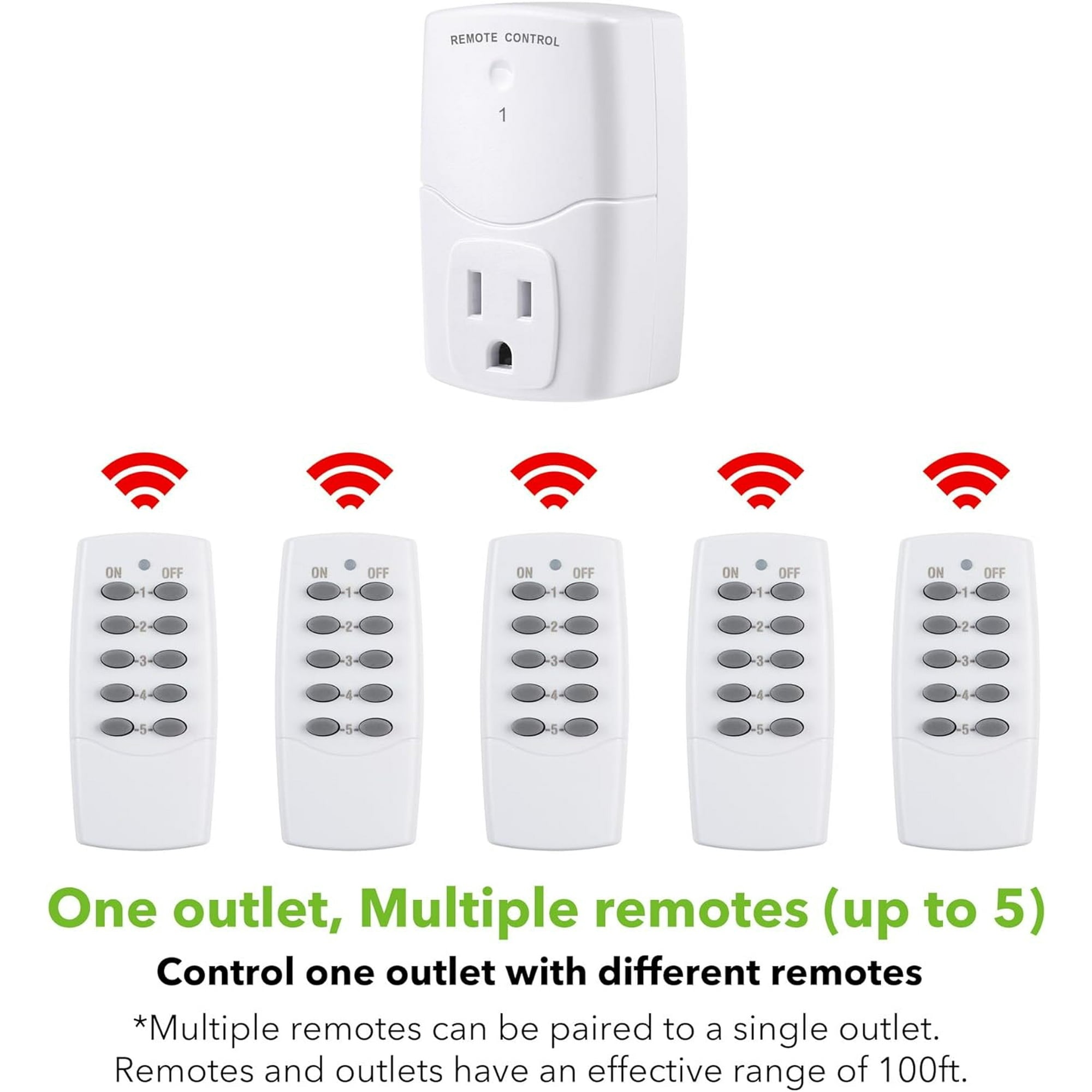 BN-LINK Wireless Remote Control Outlet Switch for Household Appliances, Wireless Remote Light Switch, LED Light Bulbs, White (2 Remotes + 5 Outlets) 1250W/10A