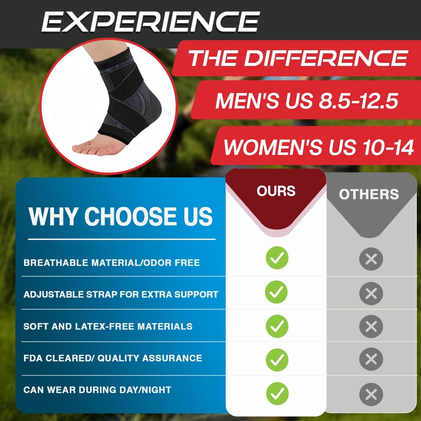 BN-LINK Ankle Brace, Ankle Compression Sleeve With Adjustable Wrap, Ankle Support for Sprained Ankle, Plantar Fasciitis Relief Brace, for Sports, XL, Blue