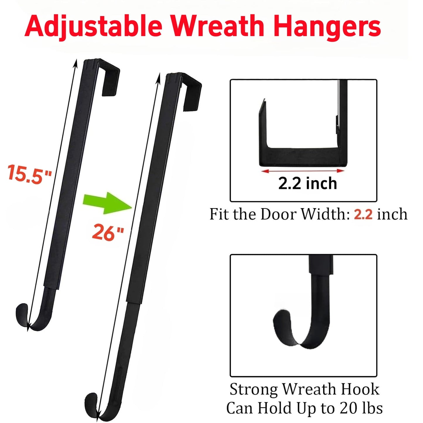 Behome 2 Pack Wreath Hanger, Adjustable Metal Wreath Hook Holder for Front Door Decor from 15.5"-26", Inside-Outside Over The Door Hooks Organizer Home Decor