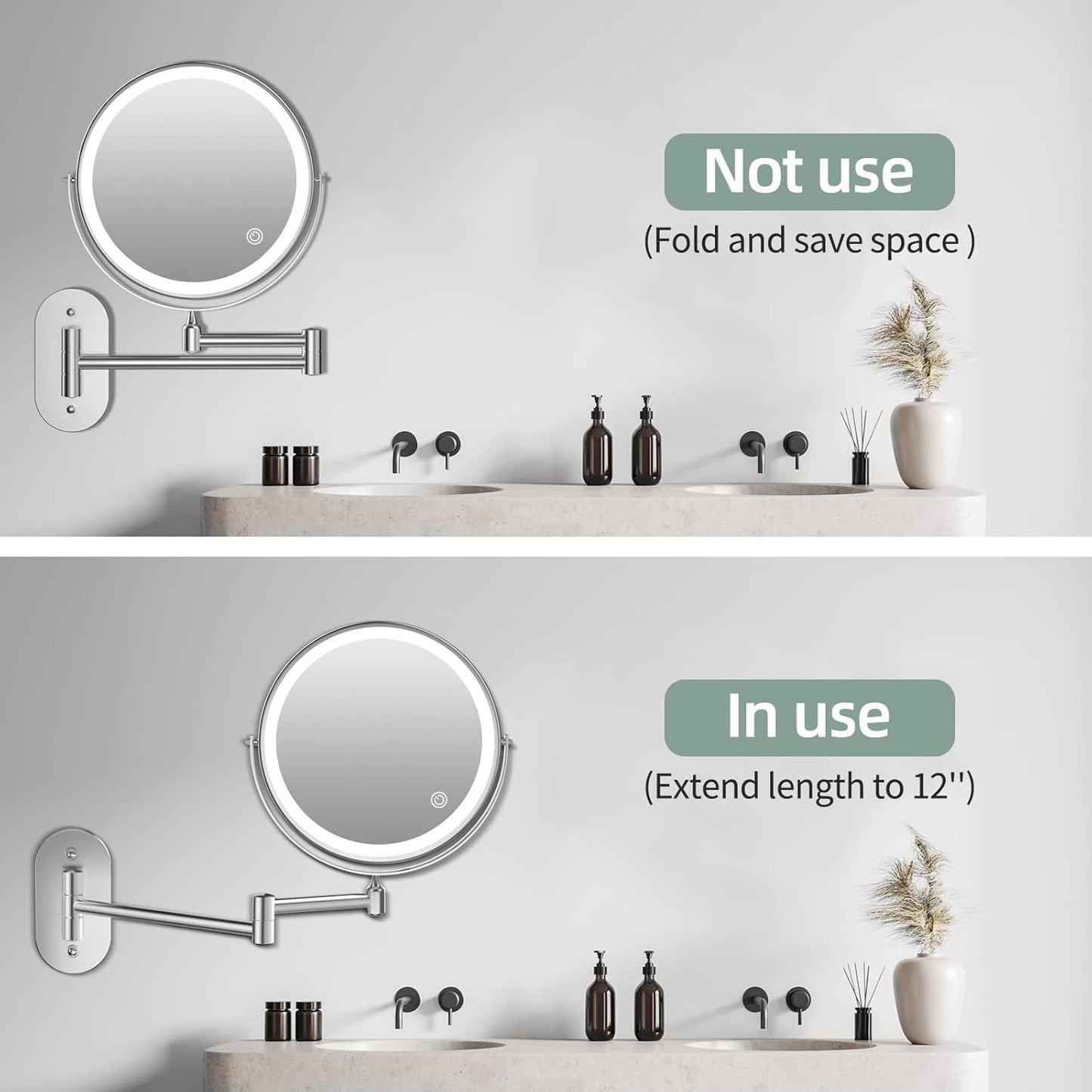 Behome Wall Mounted Lighted Makeup Mirror, 8" Rechargeable Double Sided 1X/10X Magnifying Mirror, 360°Rotation & 3 Color Lights Touch Screen Dimmable Vanity Mirror