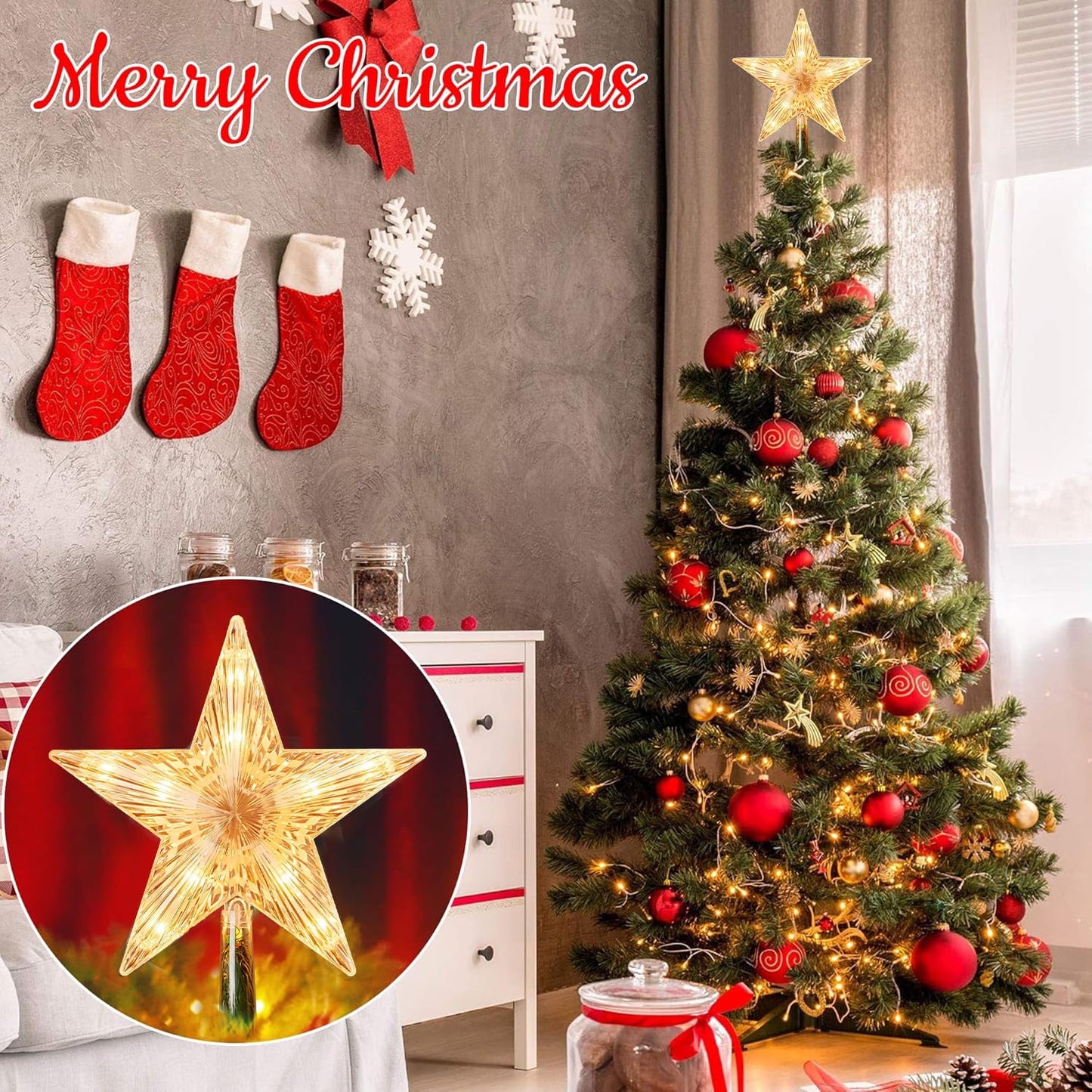 Behome Christmas Tree Topper, 8.7 Inch LED Lighted Star Tree Top, Warm White Light Christmas Tree Decor for Christmas Holiday Home, Clear