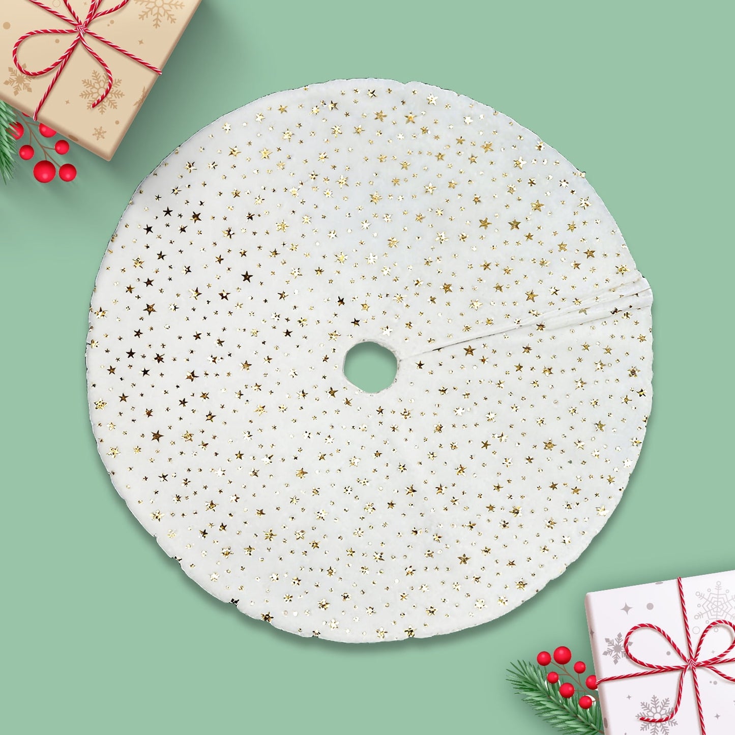BN-LINK Christmas Tree Skirt, 48 Inch Faux Fur White Tree Skirts with Gold Little Star, Xmas Tree Mat for Holiday Home Decorations