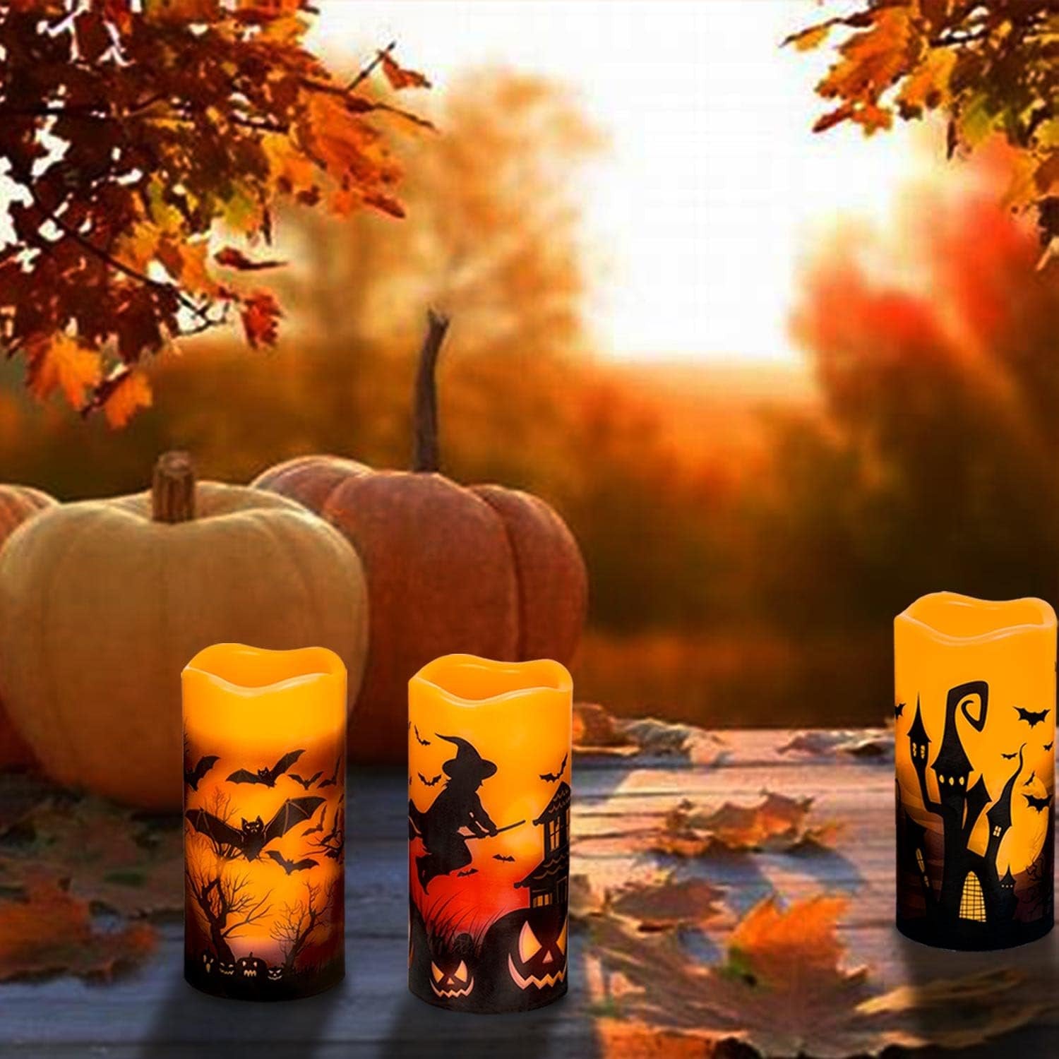 Behome Halloween LED Flameless Candles with Remote and Timer, Battery Operated, Real Wax Flickering Pillar Candles, Flat Wick & Dimmable Light, Castle Witch Bats Holiday Decor(3 Pack, 3 x 6 Inches)