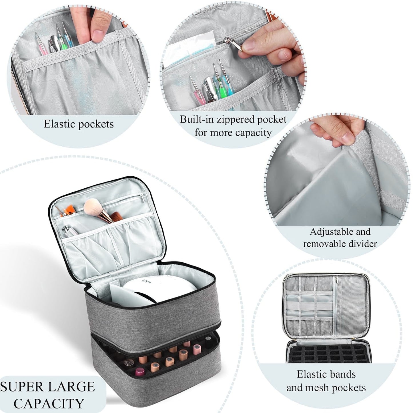 Behome Double Layers Nail Polish Organizer Bag, Nail Kit Organizer Holds 30 Bottles & Nail Lamp, Nail Polish Carrying Case with Manicure Tools Storage Sections, Grey
