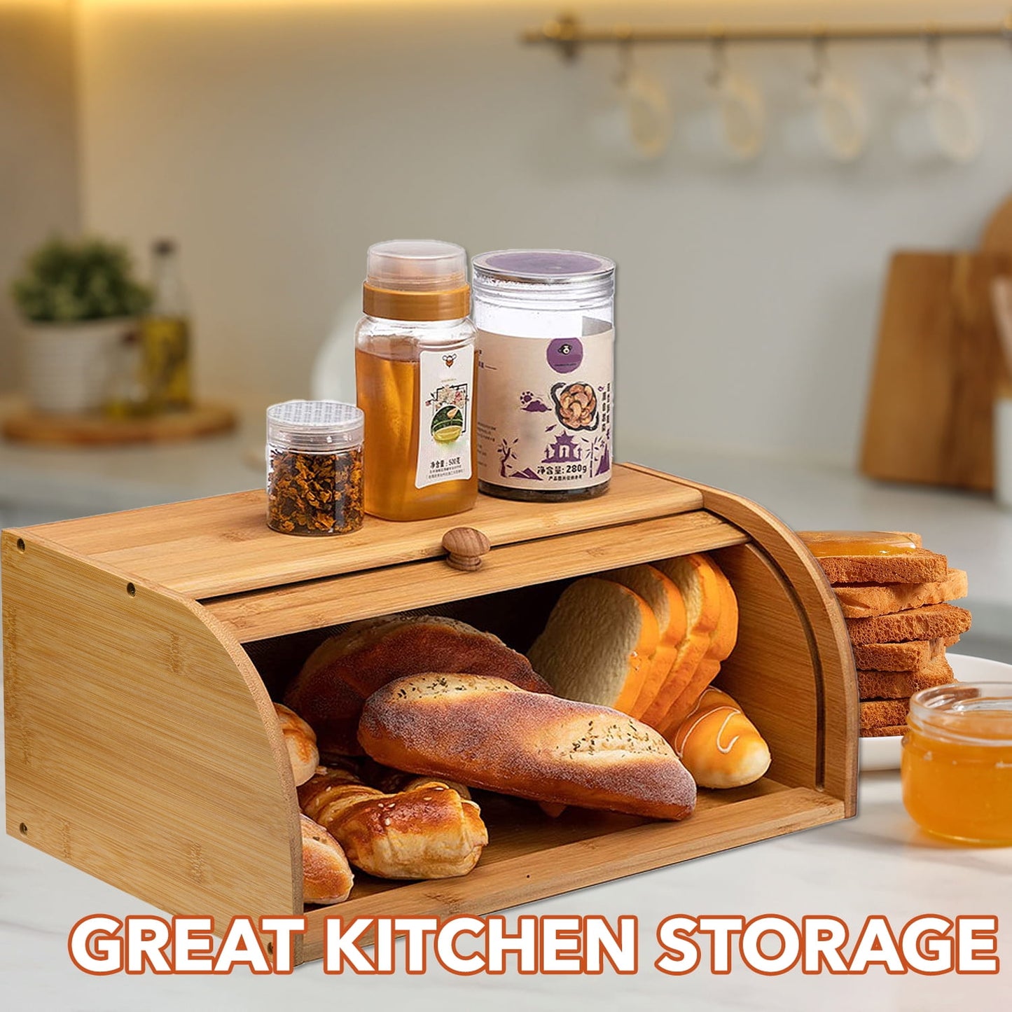 BN-LINK Bread Box, Bamboo Wood Bread Storage Box for Kitchen Countertop, Assembly Required Bread Bin