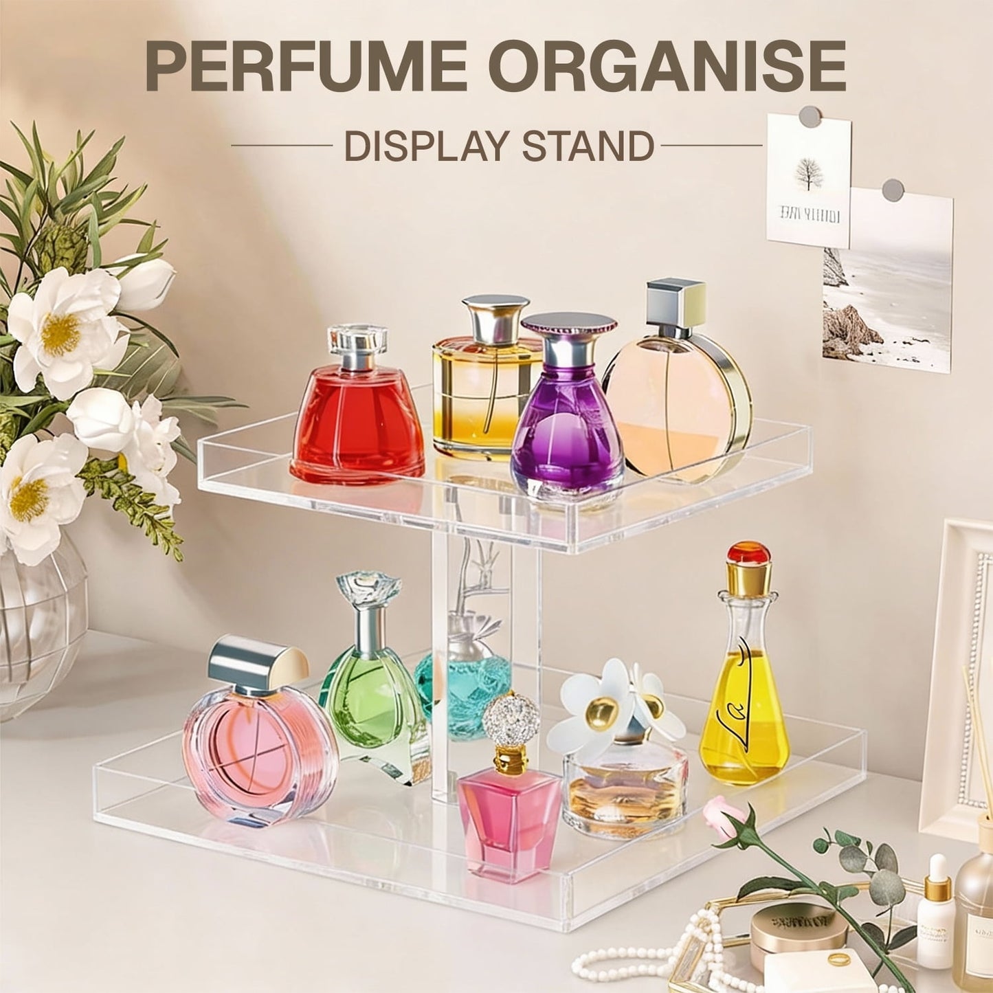 Behome Perfume Organizer, 2-Tier Acrylic Perfume Stand Organizer, Cologne Organizer for Men, Versatile Display Stand Shelf for Fragrance, Skincare, Figurine, Dessert, Transparent