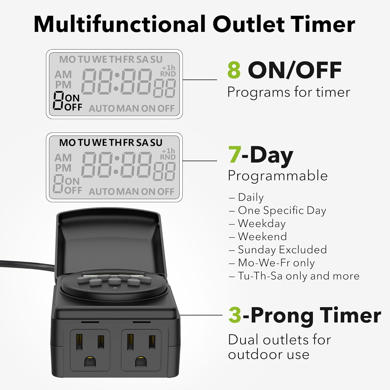 BN-LINK 7 Day Outdoor Heavy Duty Digital 24 Hour Programmable Timer, Dual Outlet, Weatherproof, Heavy Duty, Accurate for Lamps Ponds Christmas Lights 1875W 1/2HP