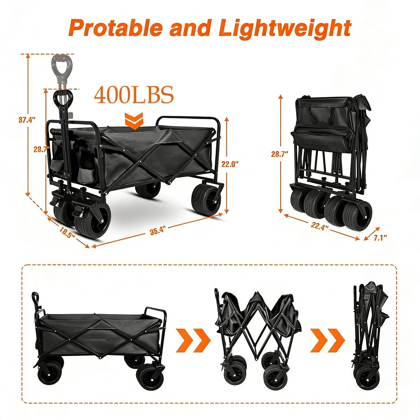 BN-LINK Collapsible Wagon Cart Max 400lb, Wagons Carts Foldable Carts, Lightweight Portable Utility Shopping Cart with Wheels, Folding Grocery Wagon Cart for Grocery, Camping, Shopping, Beach, Garden