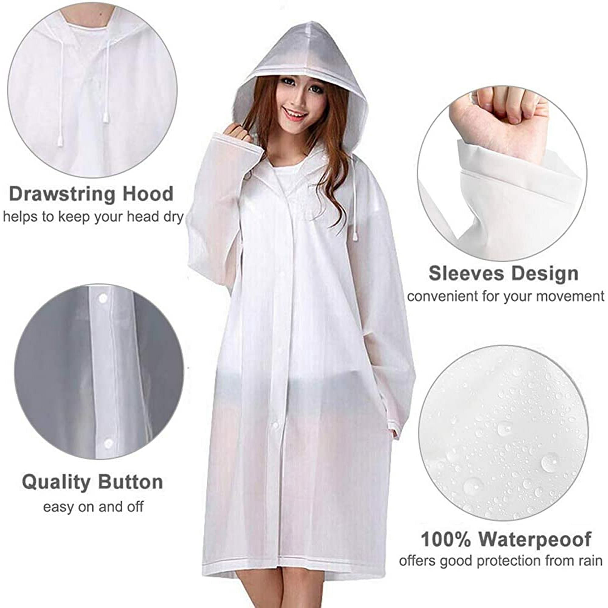 BN-LINK EVA Rain Ponchos for Adults Reusable, 2 Pack Raincoats Emergency for Women Men with Hood and Drawstring, White